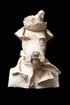 Terracotta Anthropomorphic Bust of Dog with Birdnest on Head