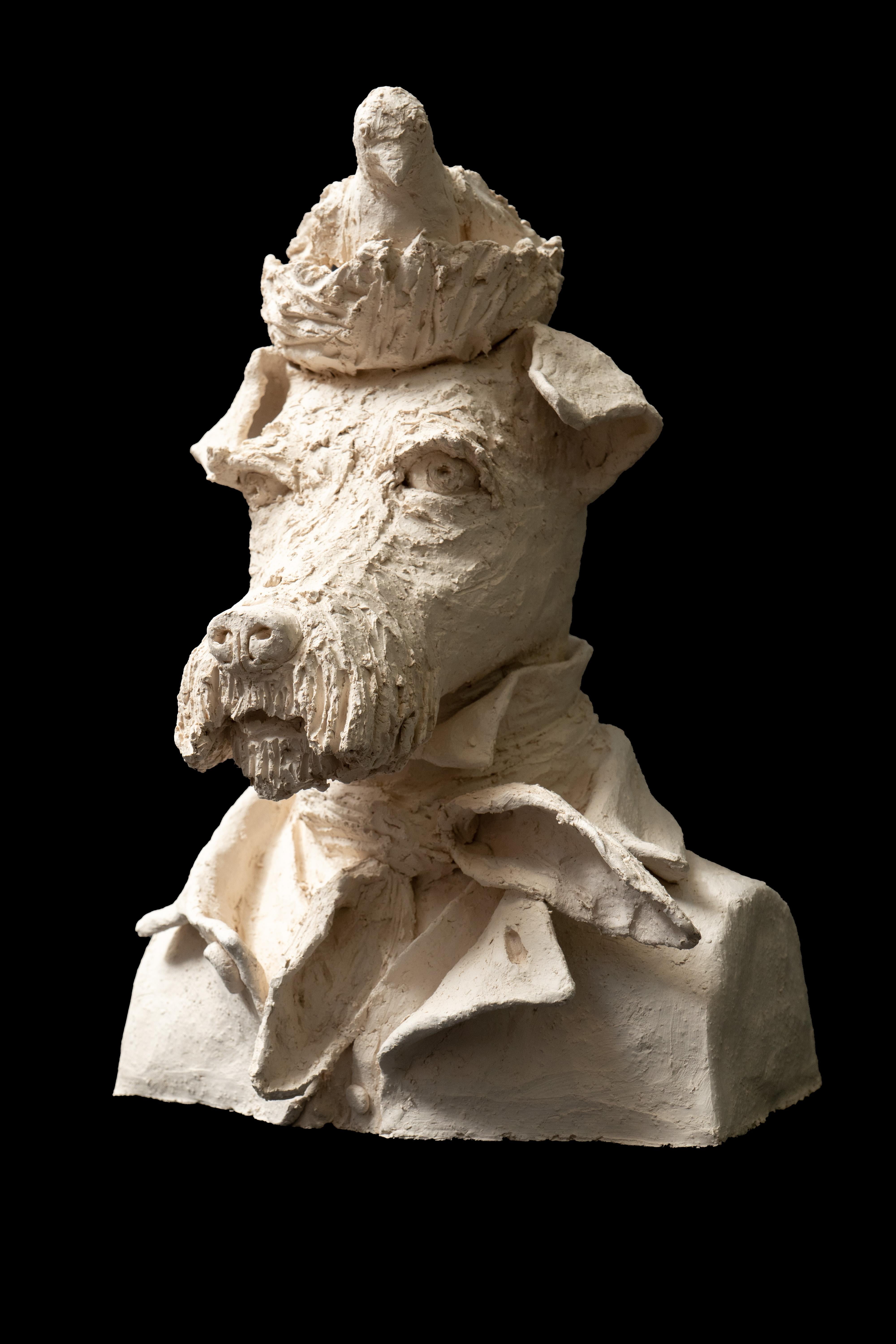 Terracotta Anthropomorphic Bust of Dog with Birdnest on Head In New Condition In New York, NY