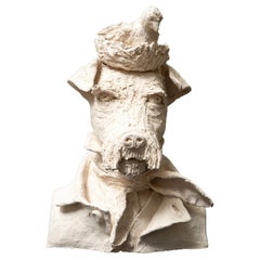 Terracotta Anthropomorphic Bust of Dog with Birdnest on Head