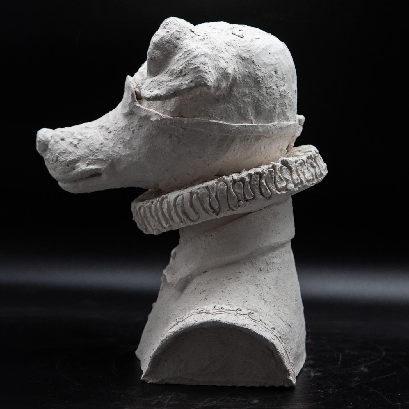 French Terracotta Anthropomorphic Bust of Dog with Ruff and Eyepatch