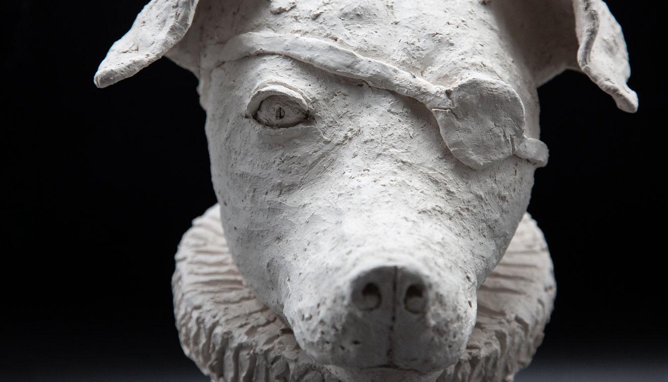 Contemporary Terracotta Anthropomorphic Bust of Dog with Ruff and Eyepatch