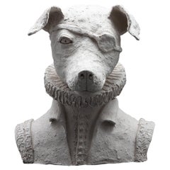 Terracotta Anthropomorphic Bust of Dog with Ruff and Eyepatch