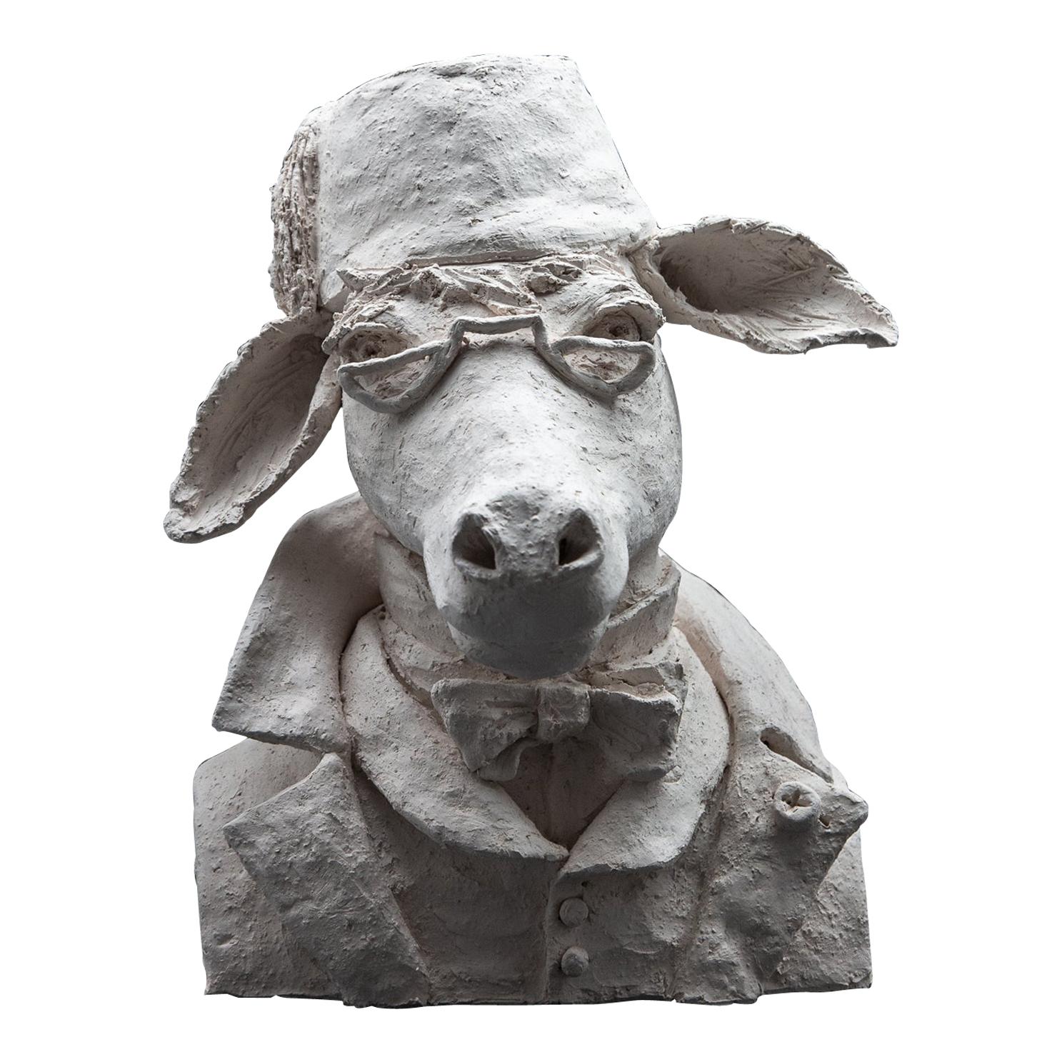 Terracotta Anthropomorphic Bust of Donkey with Fez and Eyeglasses