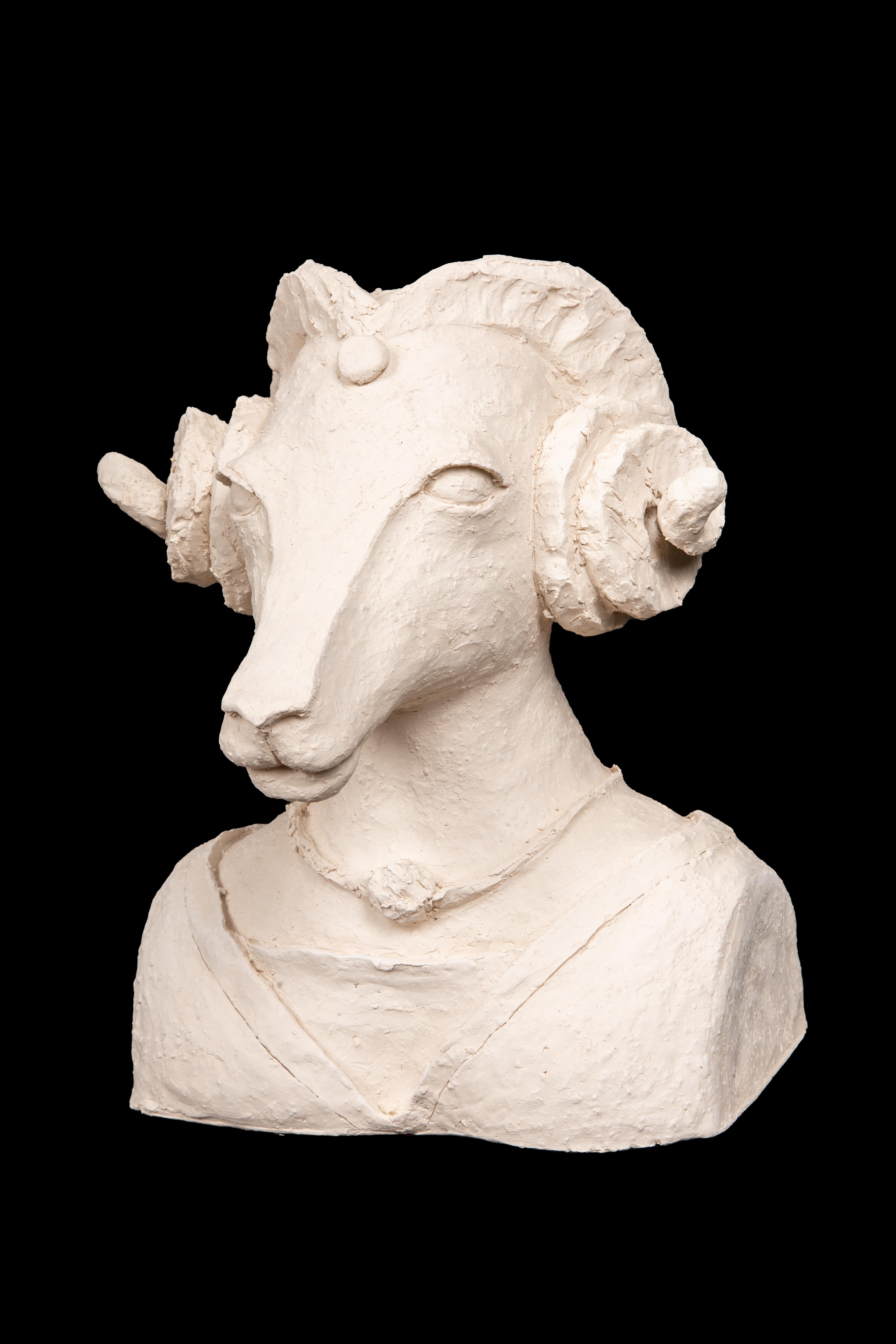 Terracotta Anthropomorphic Ram bust wearing a Ferronnière: In the spirit of Princess Leia from Star War's.

A charming work of art created by the talented artist Laurence Lenglare in France. The sculpture features an anthropomorphic rabbit,
