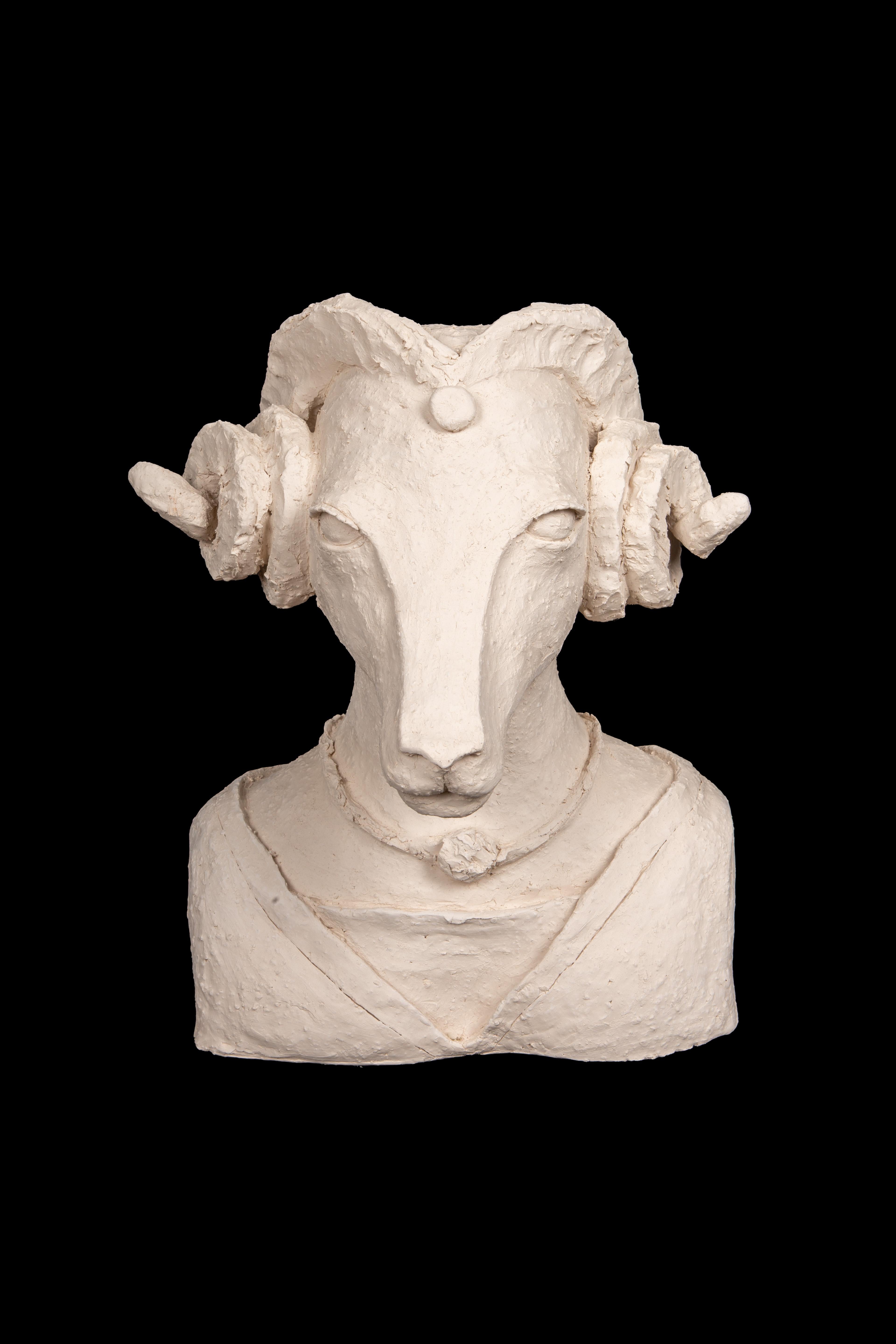 Contemporary Terracotta Anthropomorphic Ram Bust Wearing a Ferronnière