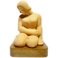 Terracotta Art Moderne Female Figure on Wooden Base by Vera Bernhard, circa 1940