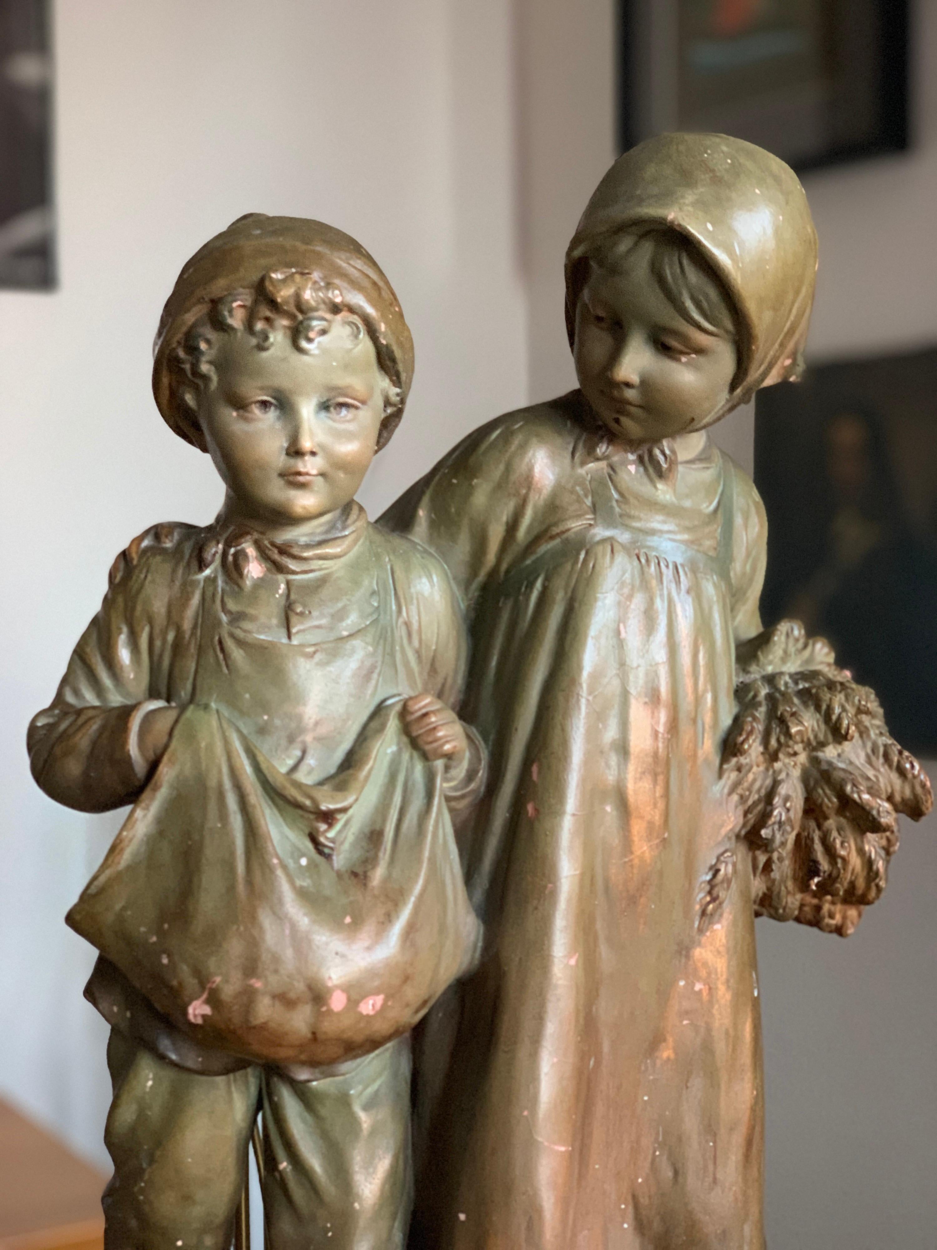 French Terracotta Art Nouveau Statue Boy and a Girl, Stamped and Numbered
