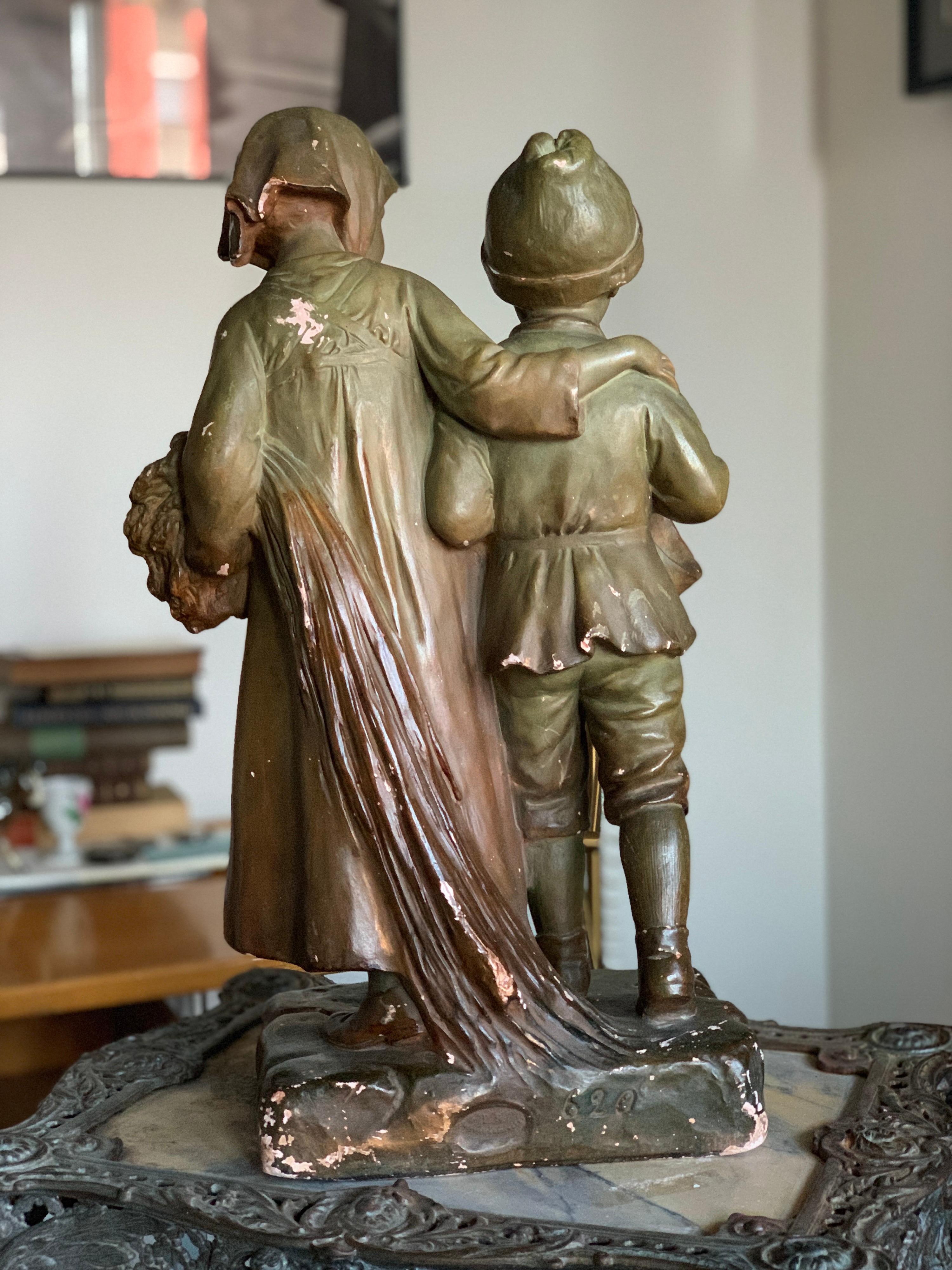 Terracotta Art Nouveau Statue Boy and a Girl, Stamped and Numbered In Good Condition In Sofia, BG