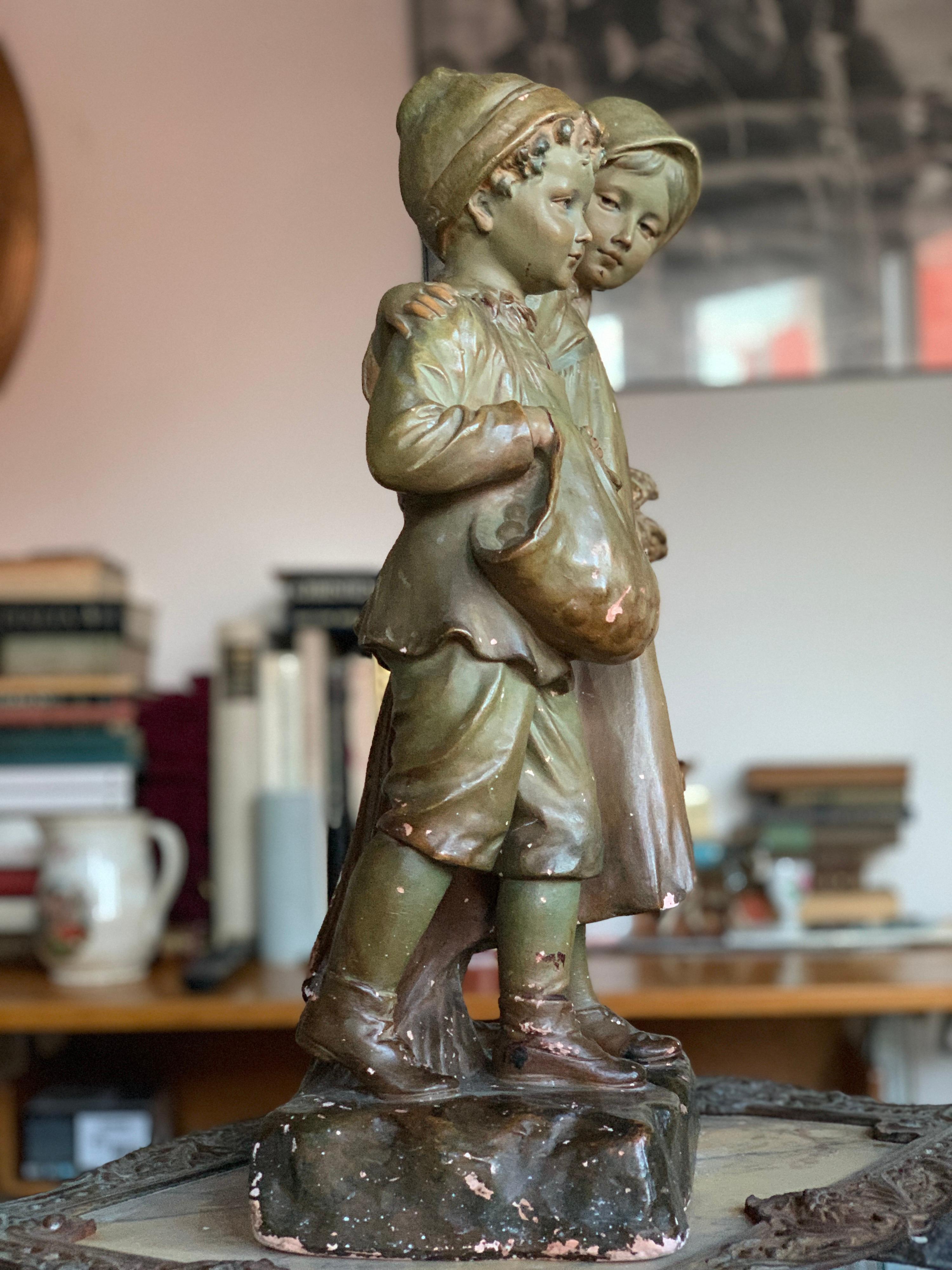 Early 20th Century Terracotta Art Nouveau Statue Boy and a Girl, Stamped and Numbered
