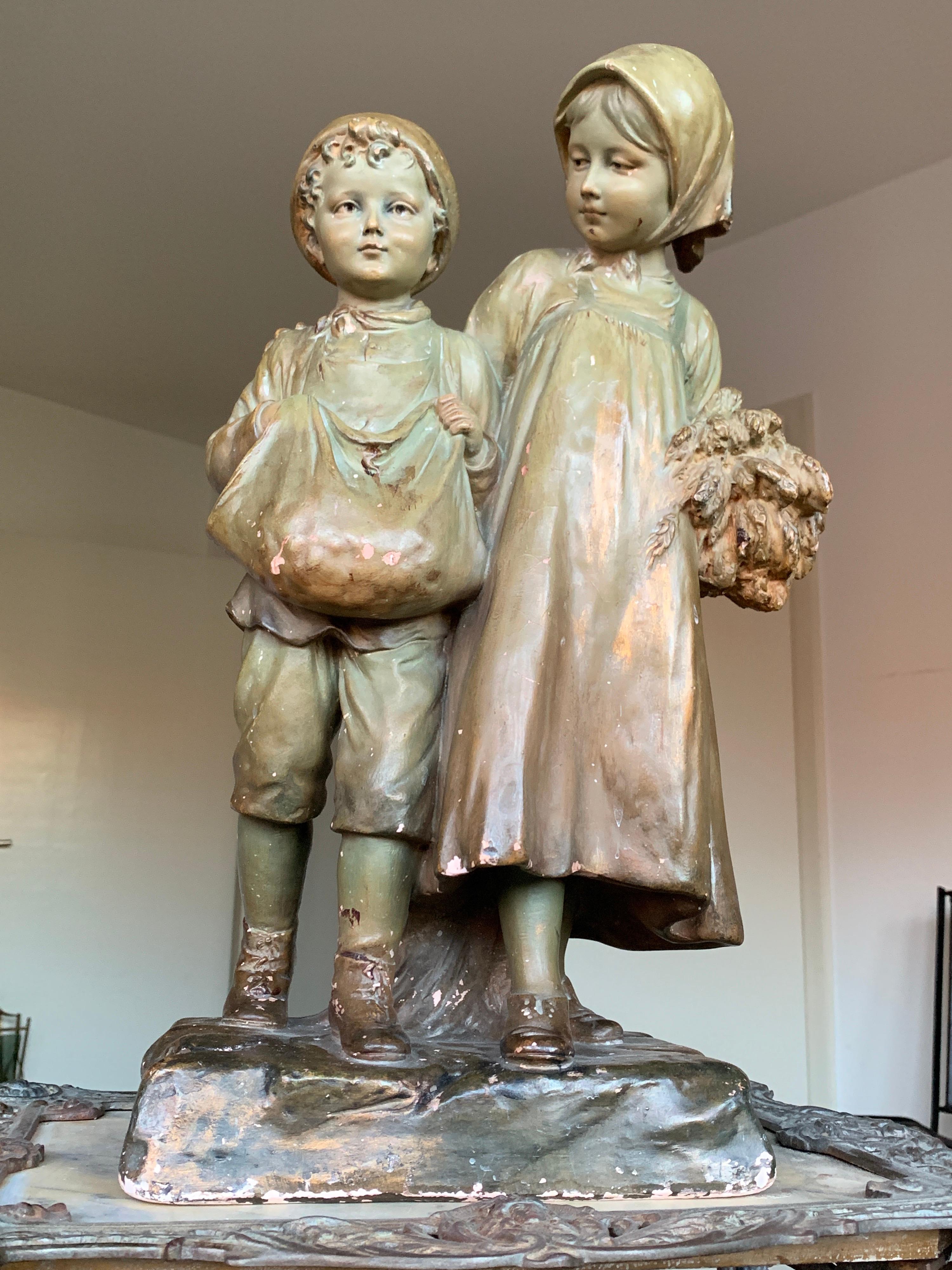 Terracotta Art Nouveau Statue Boy and a Girl, Stamped and Numbered 2