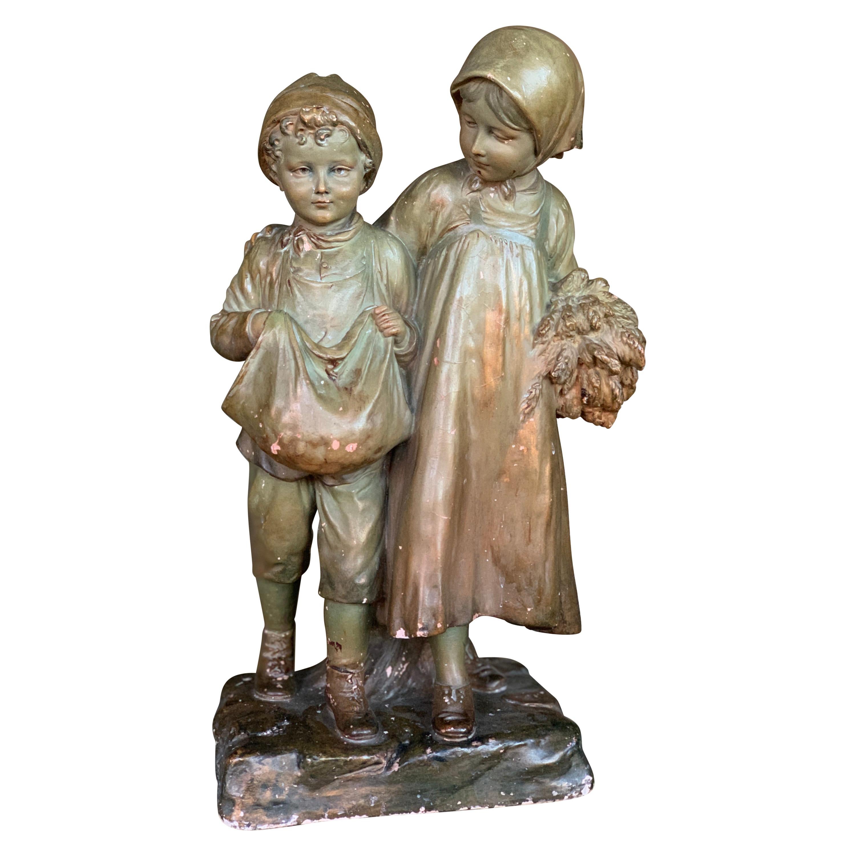 Terracotta Art Nouveau Statue Boy and a Girl, Stamped and Numbered