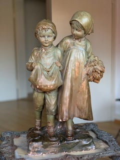Terracotta Art Nouveau Statue Boy and a Girl, Stamped and Numbered