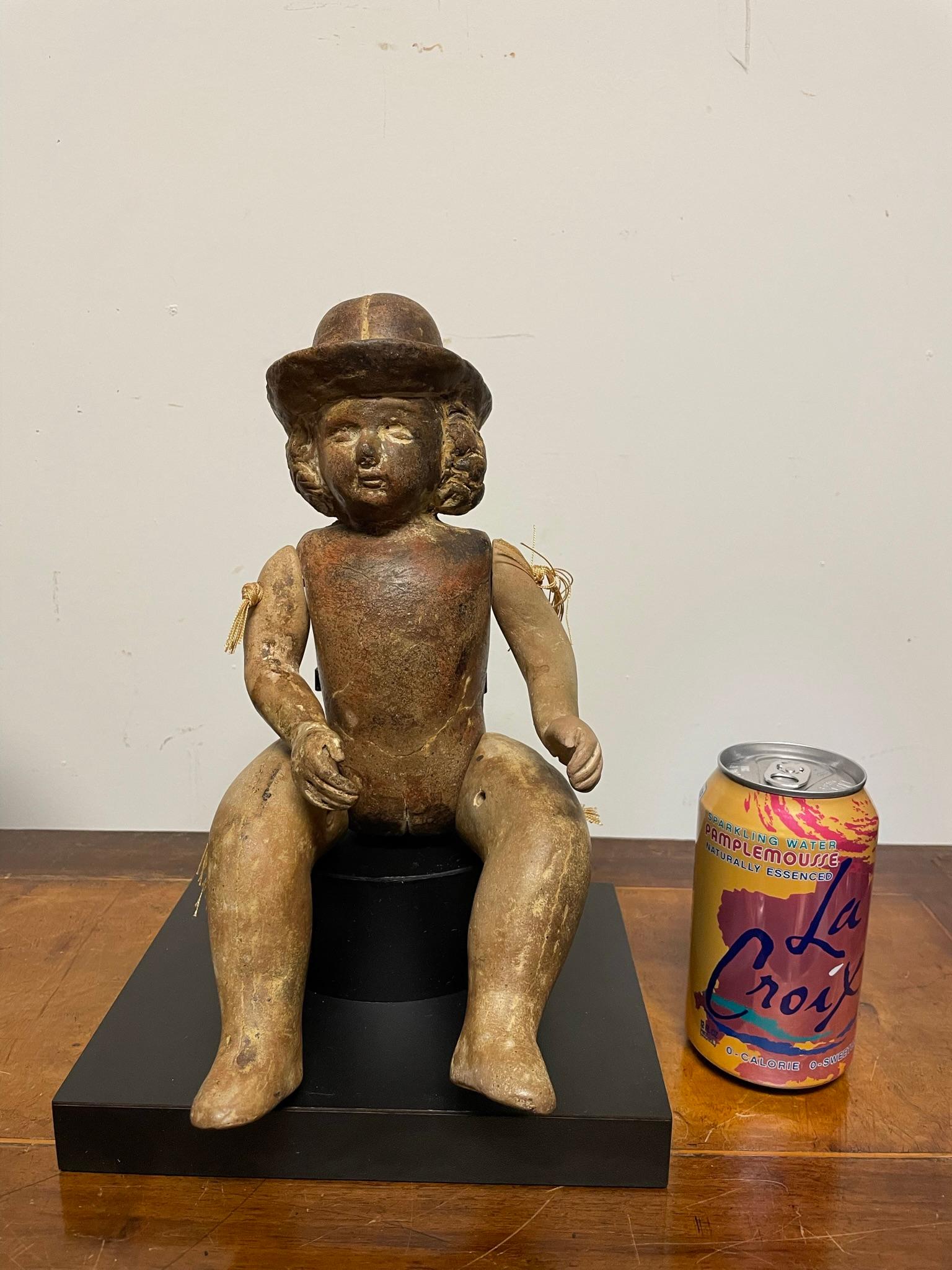 Terracotta Articulated Doll Santos Figure Wearing a Bowler Hat For Sale 7