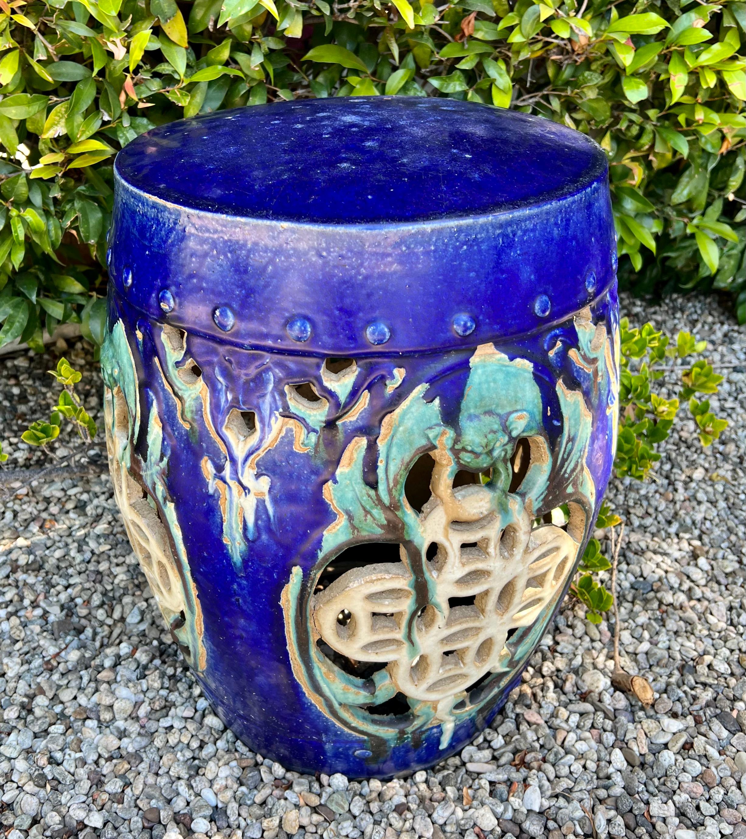 Glazed Terracotta Asian Inspired Garden Stool Table or Stand For Sale