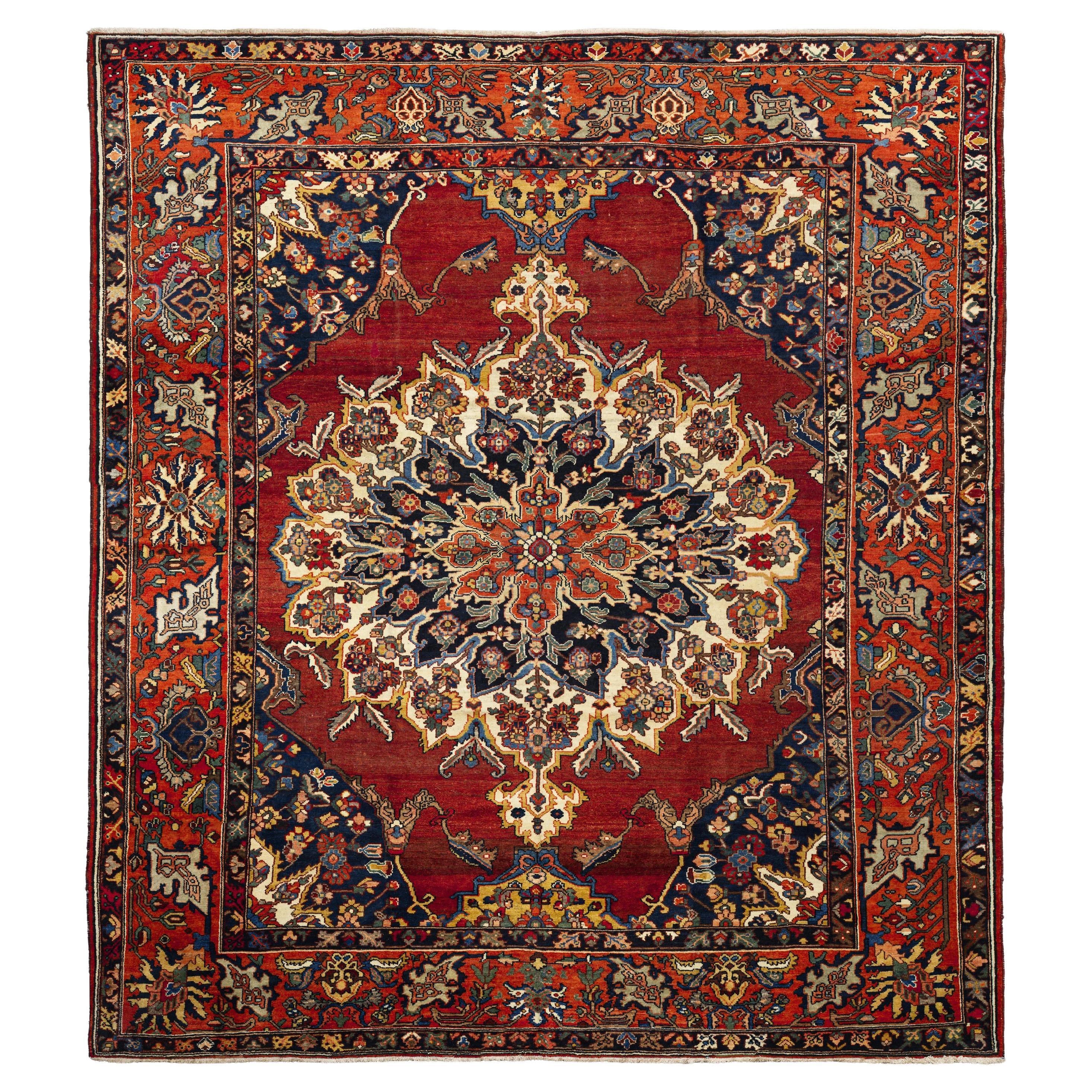 Terracotta Bakhtiar Hand Knotted Rug 11 ft x 12 ft, Scarlet Medallion Majesty For Sale