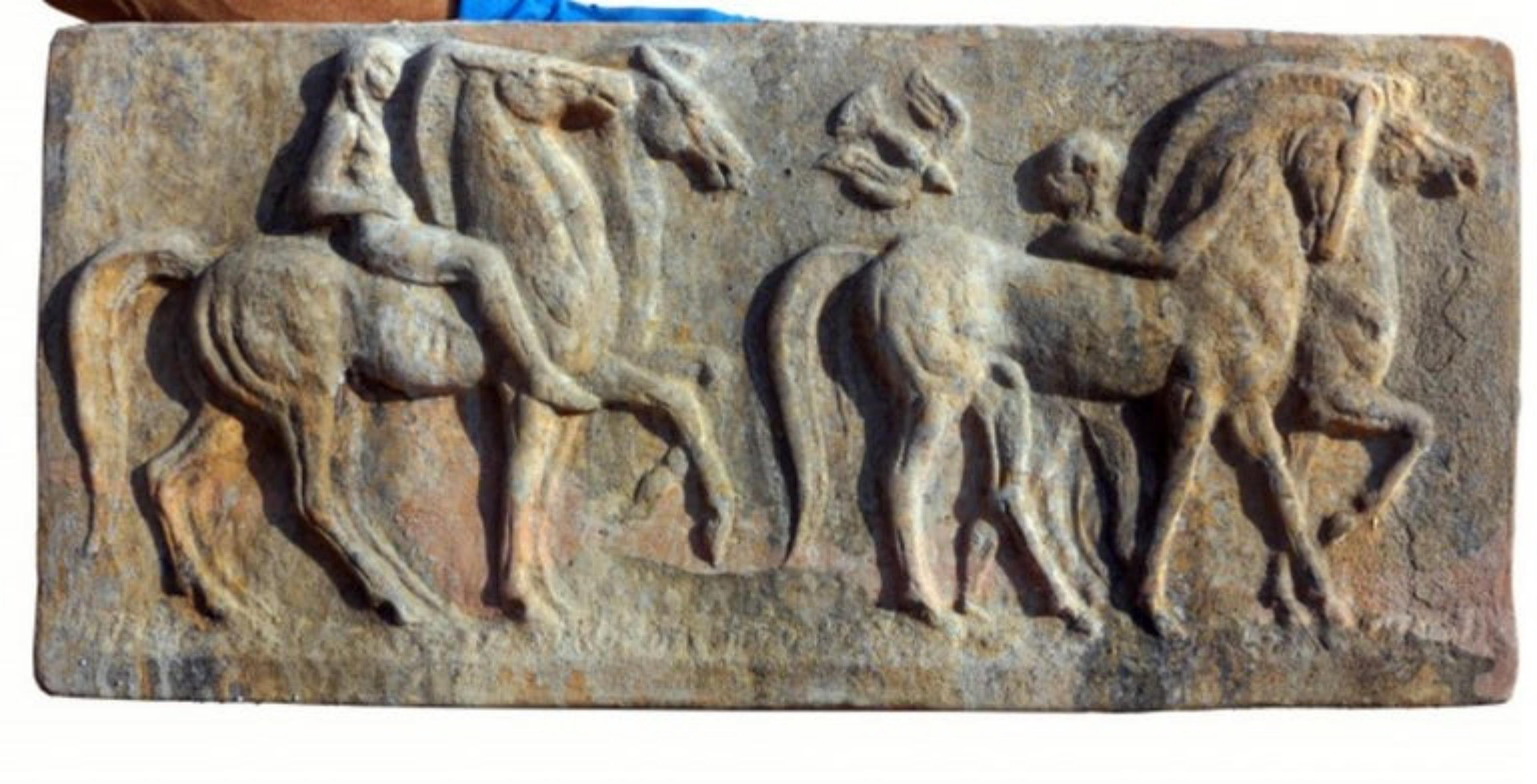 Modern Terracotta Bas Relief Greek Horses and Knights, End 19th Century For Sale