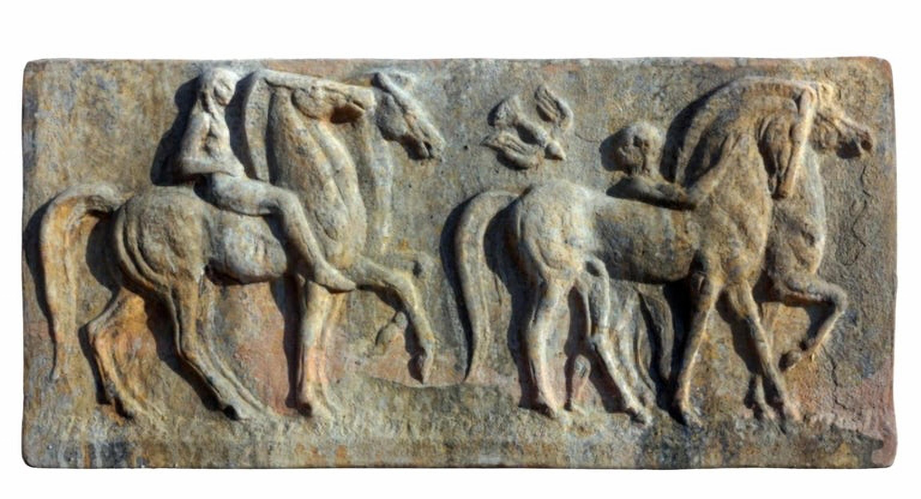 Hand-Crafted Terracotta Bas Relief Greek Horses and Knights, End 19th Century For Sale