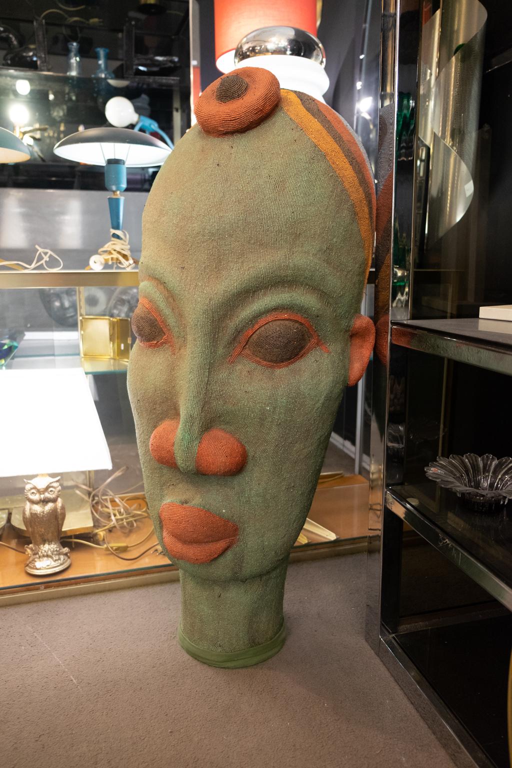 Cameroonian Terracotta Beaded Bamileke Head For Sale