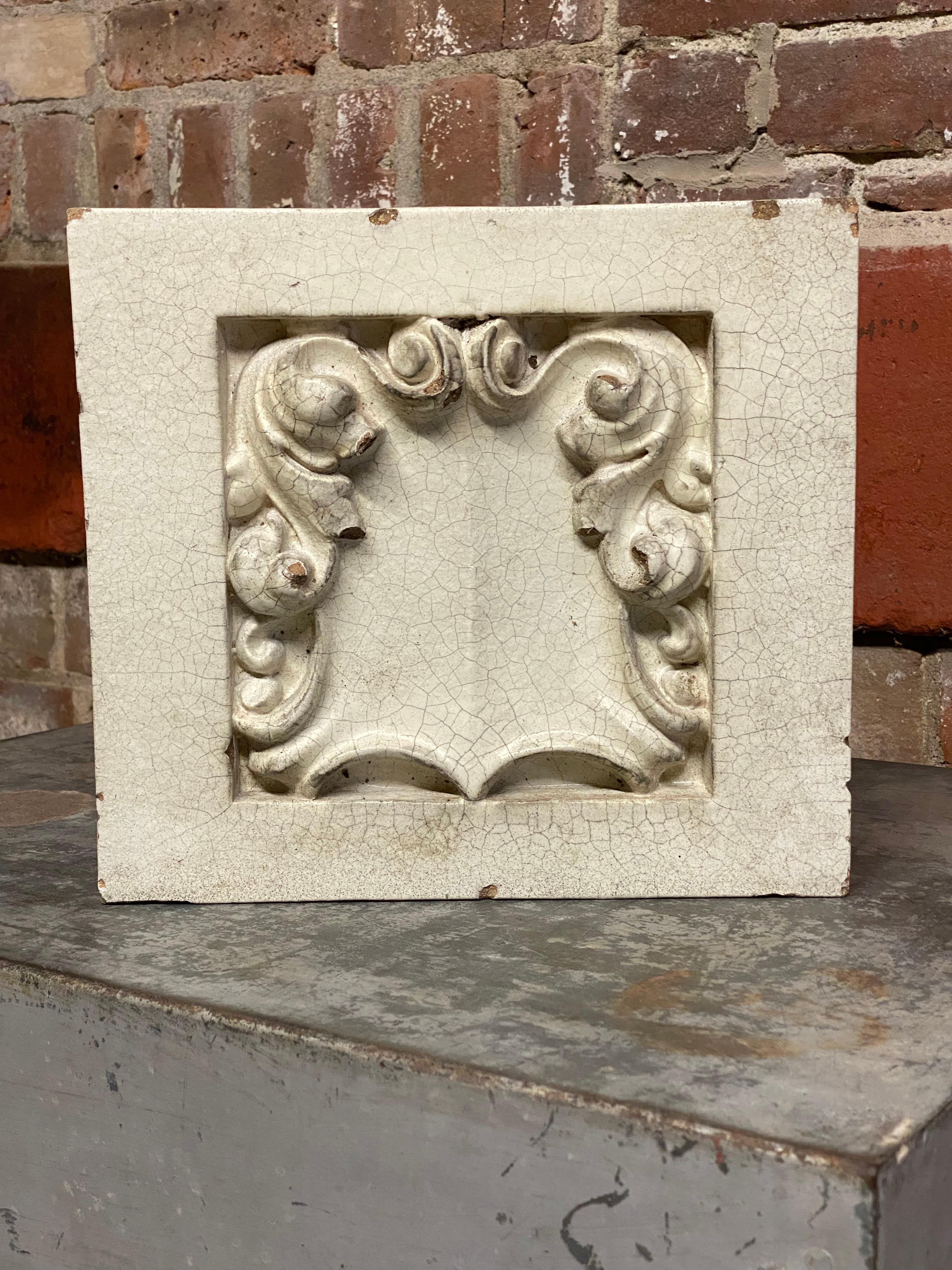 American terra-cotta Beaux Arts architectural block tile. The academic architectural style taught at the Ecole des Beaux Arts incorporates French Neo-classicism with Renaissance and Baroque elements. This architectural piece is made of cast white