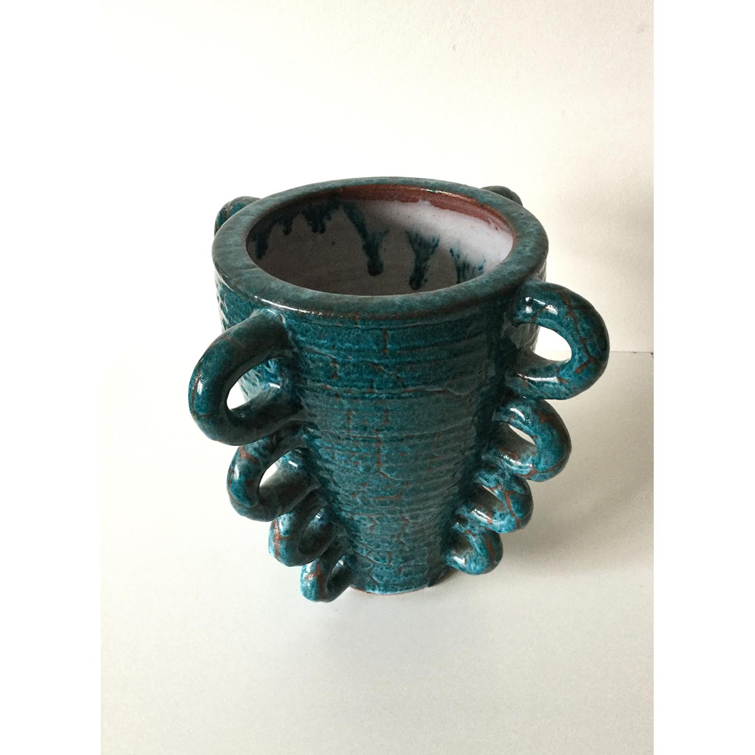 Terracotta Blue Glazed Vase by the French Pottery Manufacturer Accolay, 1960s In Good Condition In London, GB