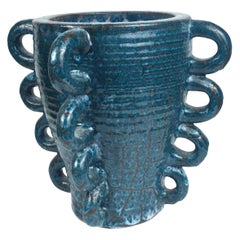 Terracotta Blue Glazed Vase by the French Pottery Manufacturer Accolay, 1960s