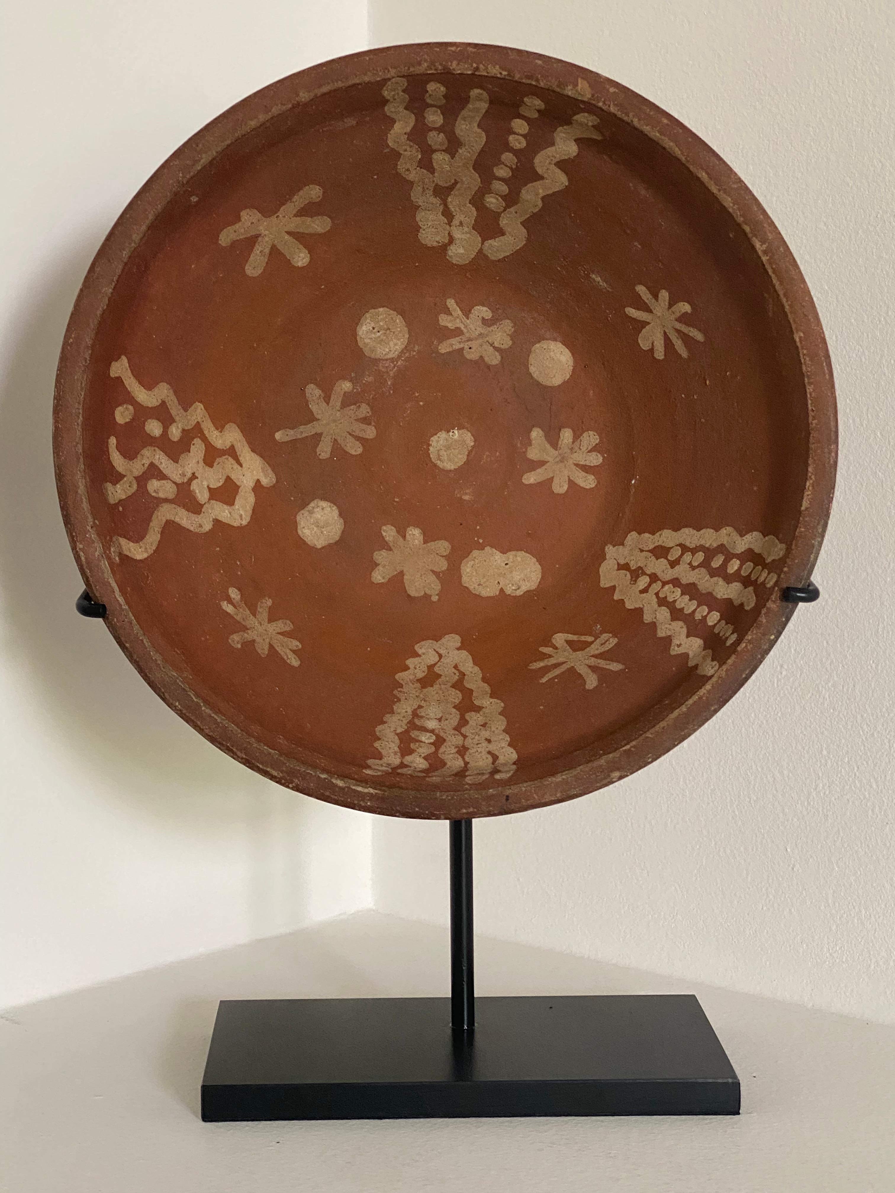 Hand-Painted Antique Brown Colored Terracotta Bowl with beige painted decorations, Byzantine For Sale