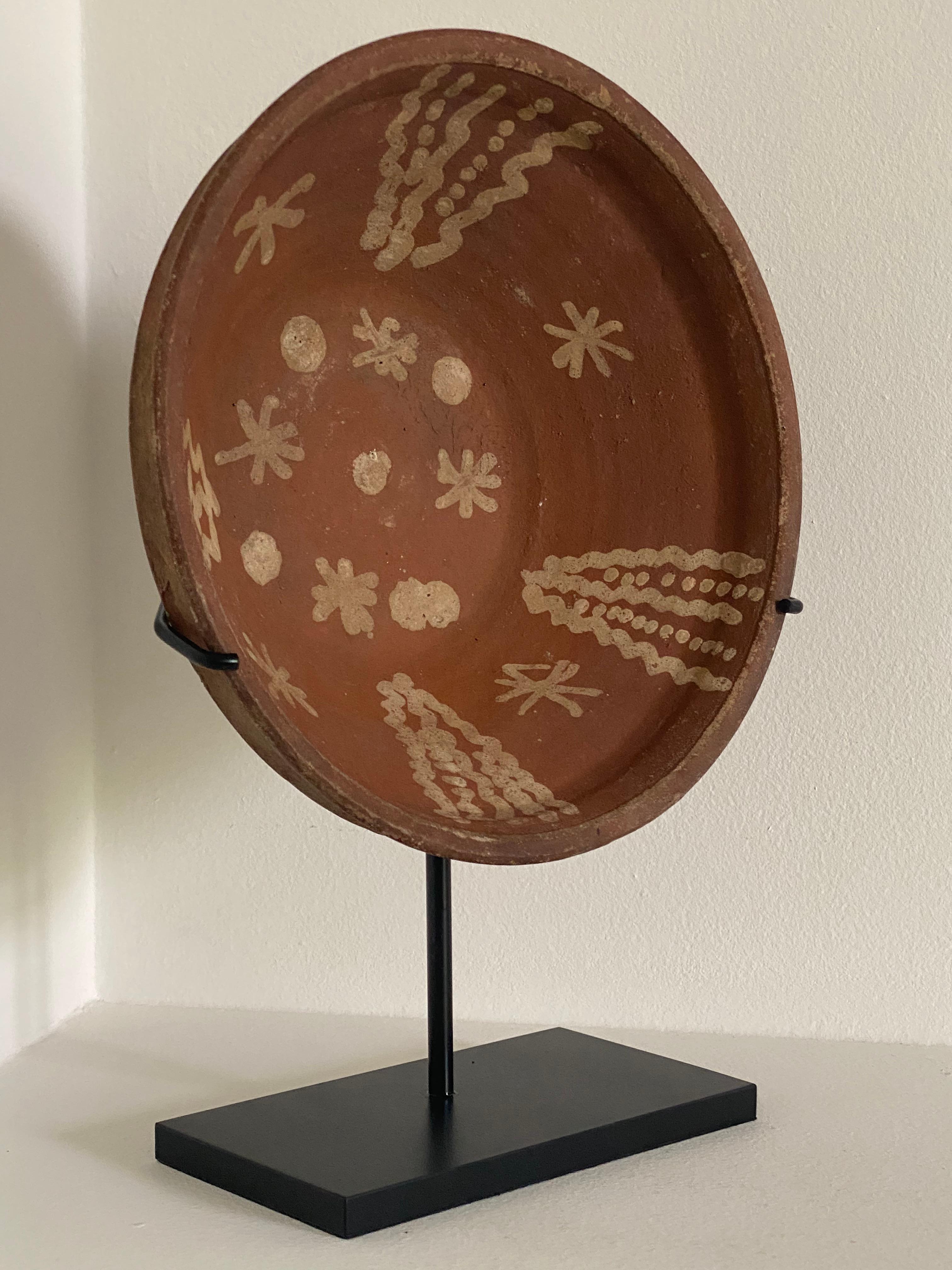 18th Century and Earlier Antique Brown Colored Terracotta Bowl with beige painted decorations, Byzantine For Sale
