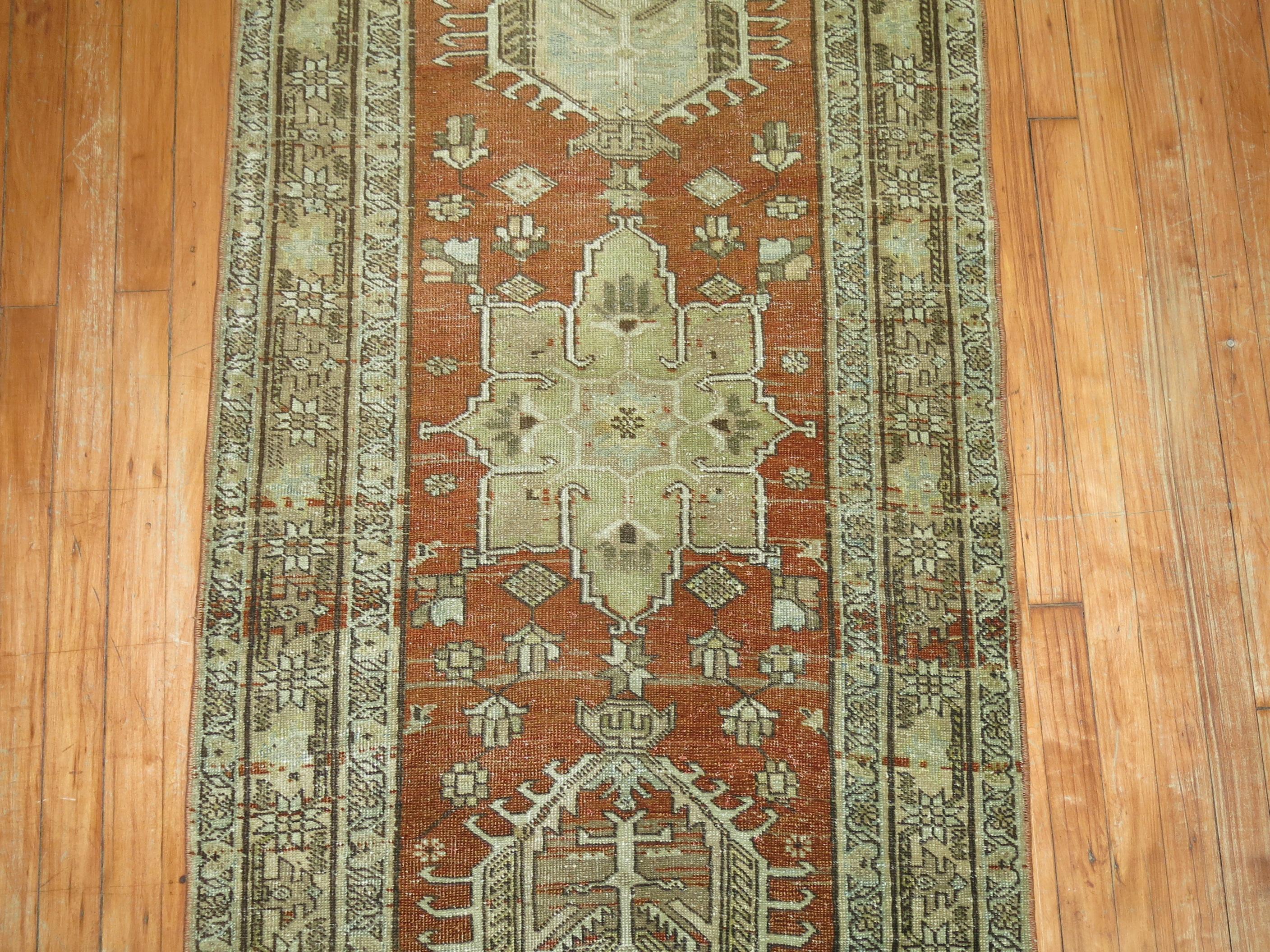 Hand-Knotted Terracotta Brown Antique Persian Heriz Runner For Sale