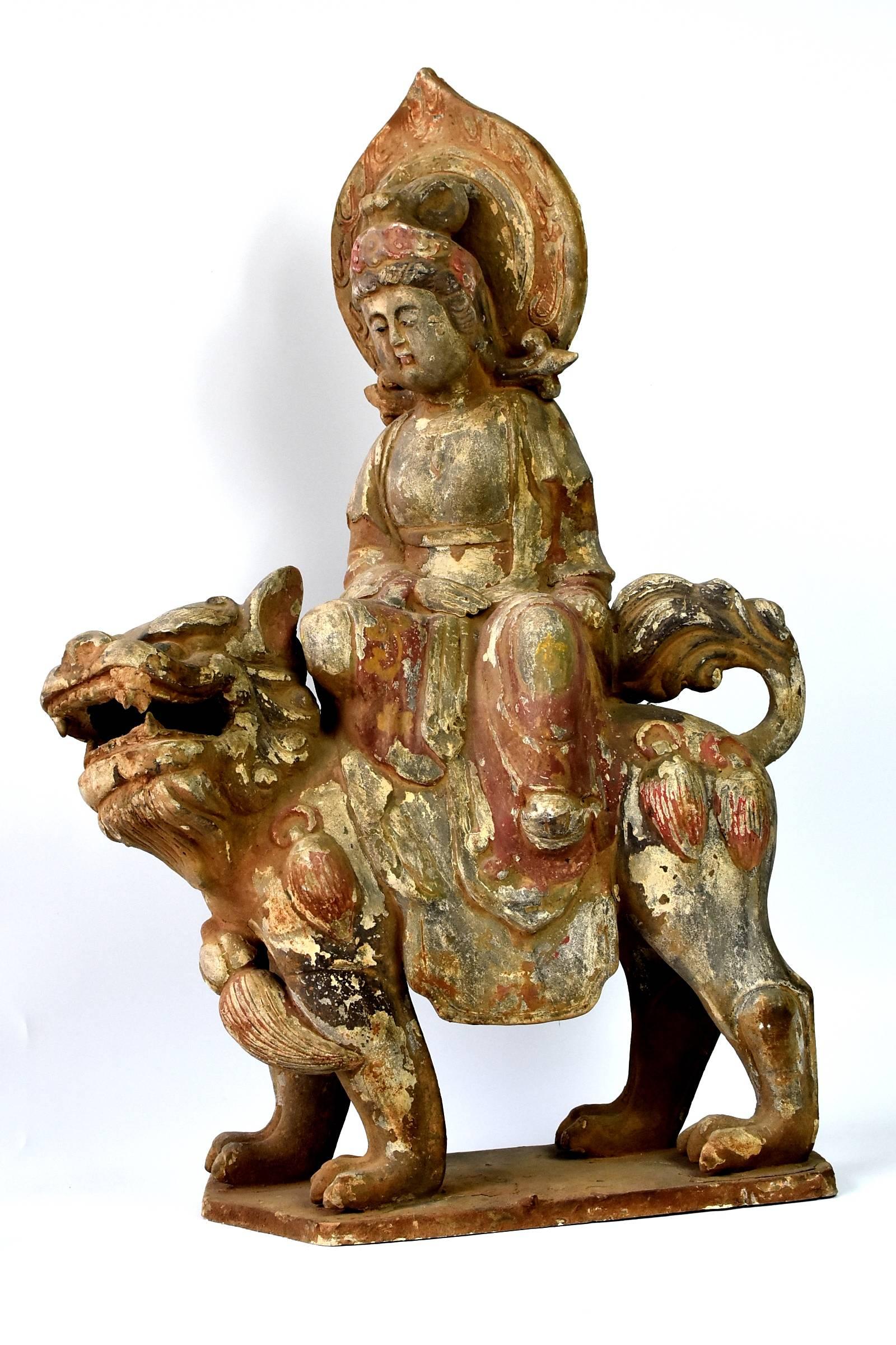 Chinese Terracotta Buddha Statue, Goddess of Wisdom, Tang Style Bodhisattva on Lion
