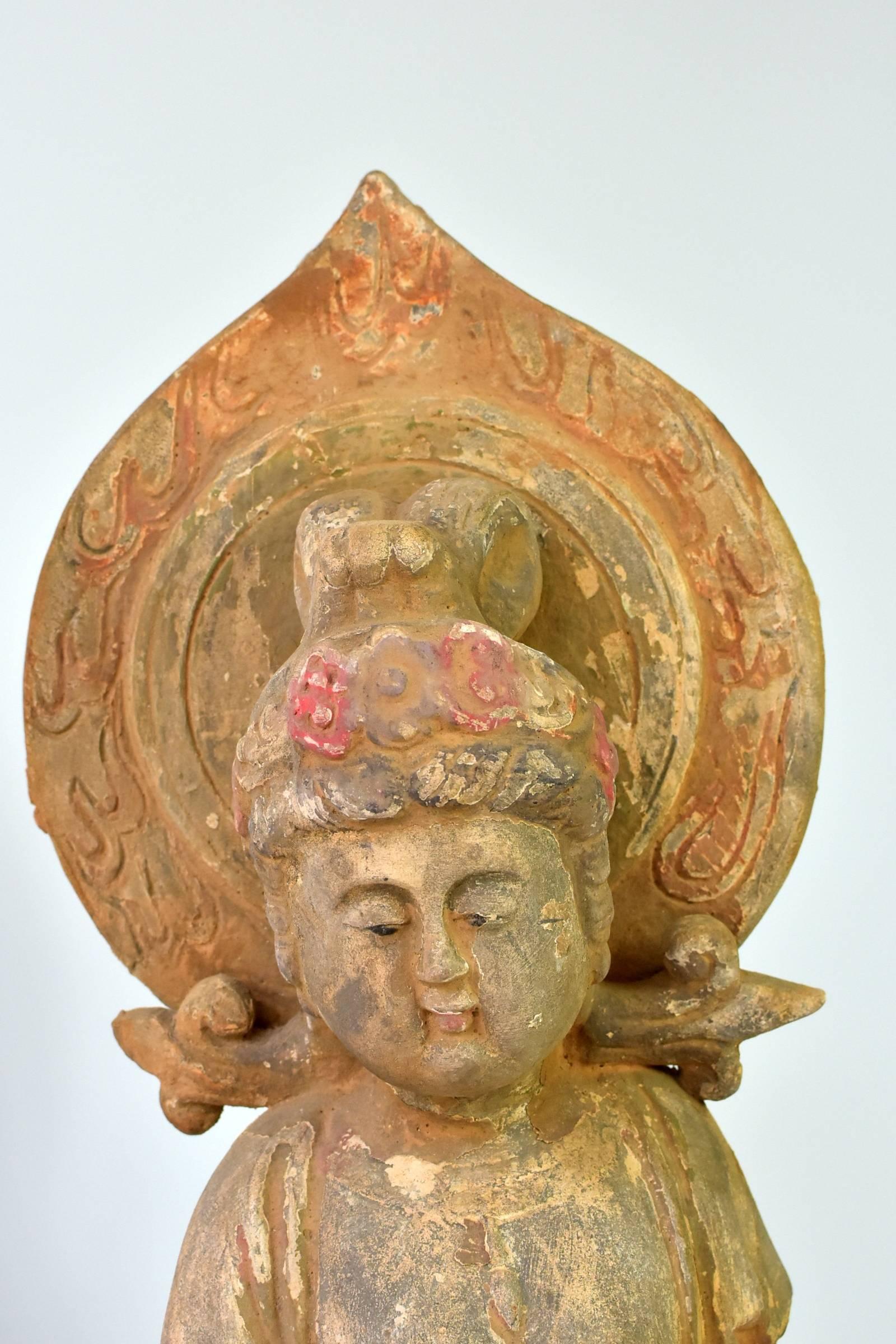 Hand-Painted Terracotta Buddha Statue, Goddess of Wisdom, Tang Style Bodhisattva on Lion