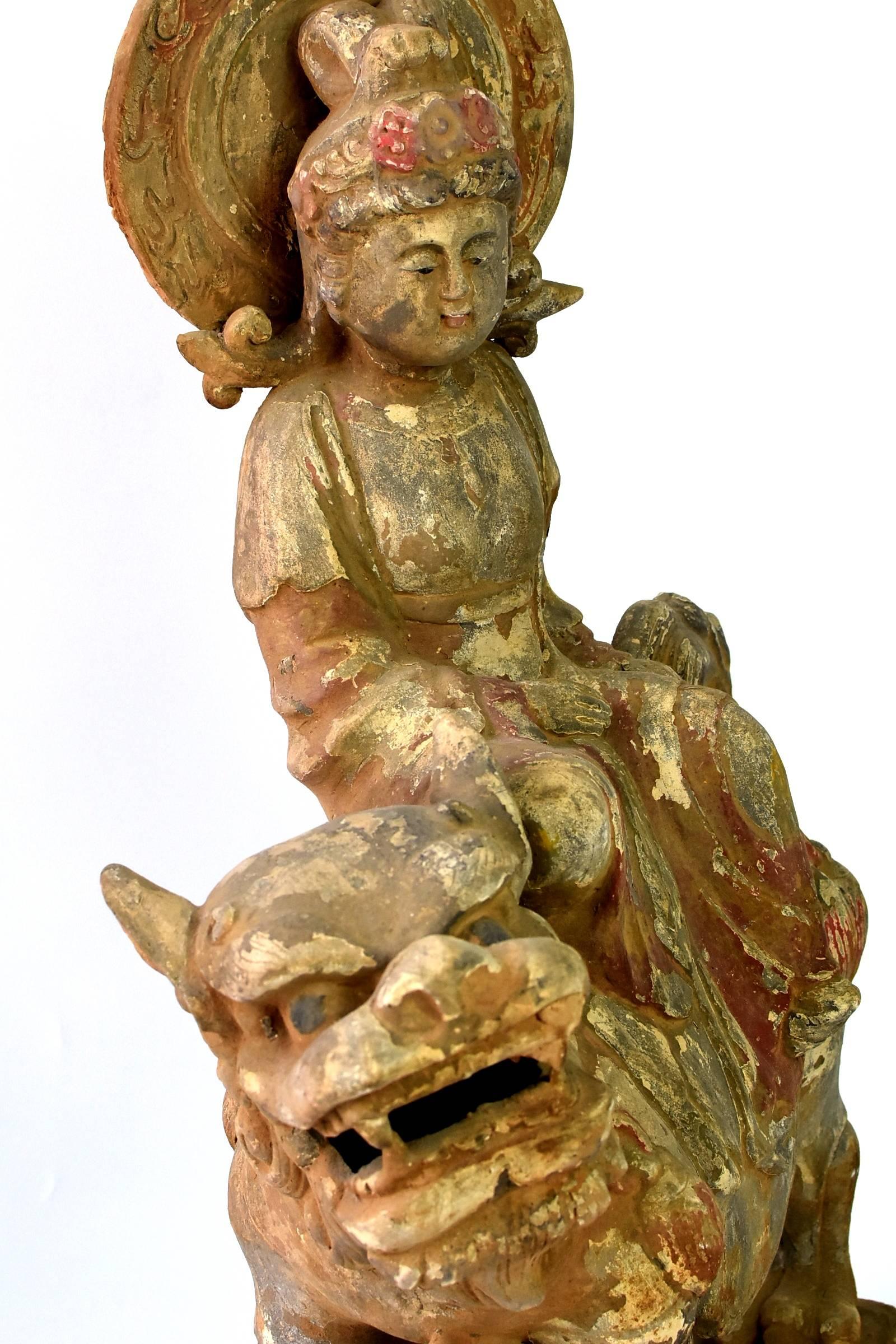 Terracotta Buddha Statue, Goddess of Wisdom, Tang Style Bodhisattva on Lion 2