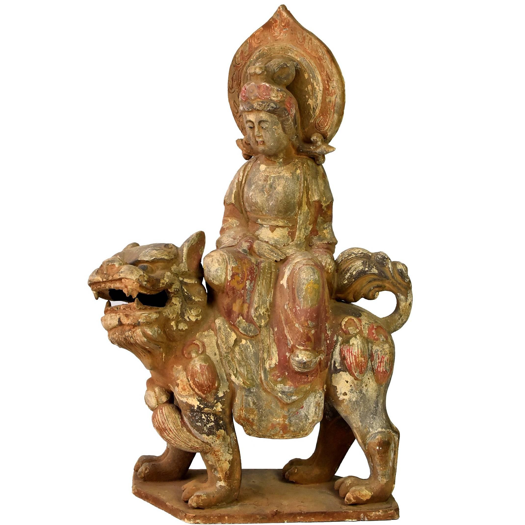 Terracotta Buddha Statue, Goddess of Wisdom, Tang Style Bodhisattva on Lion
