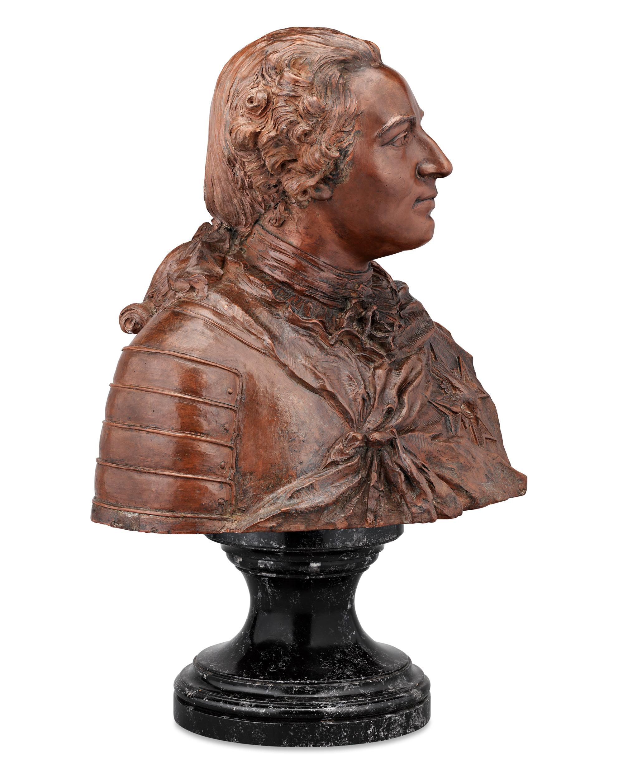 Presenting a regal yet approachable portrait of France’s Louis XV, this terracotta bust is modeled after Jean-Baptiste Lemoyne’s sculpture of the king executed in 1757, which now resides in the Metropolitan Museum of Art in New York. This version is