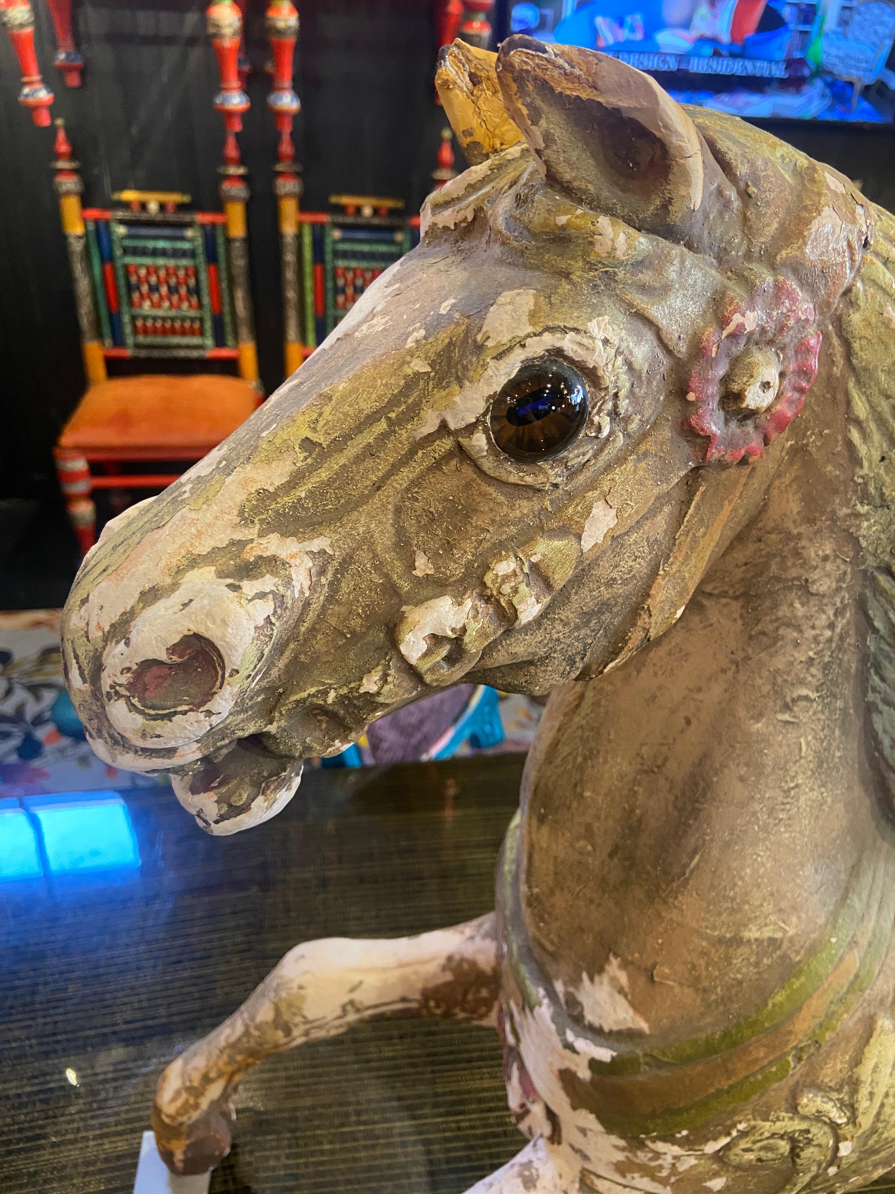 Terracotta Carousel Horse w/ Original Paint (Two of Two) In Fair Condition For Sale In Hudson, NY
