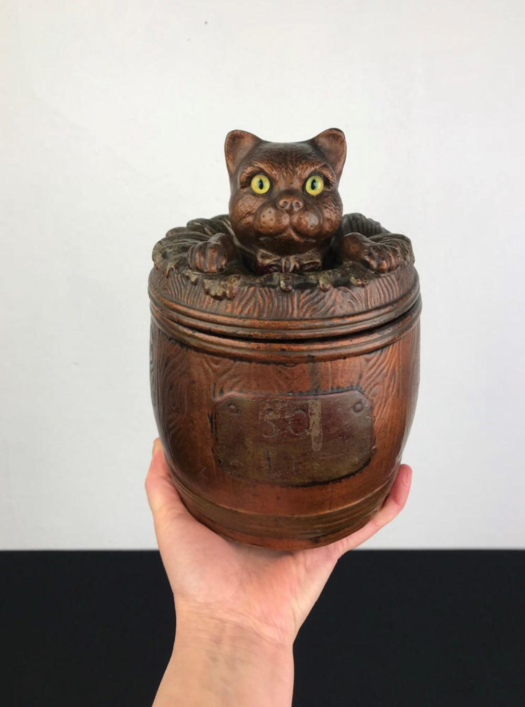 European Terracotta Cat Tobacco Jar Barrel Humidor For Sale
