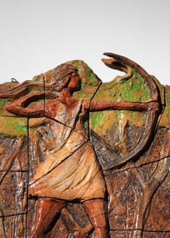 Terracotta / ceramic bas-relief fresco from the 40's with deer hunting decor