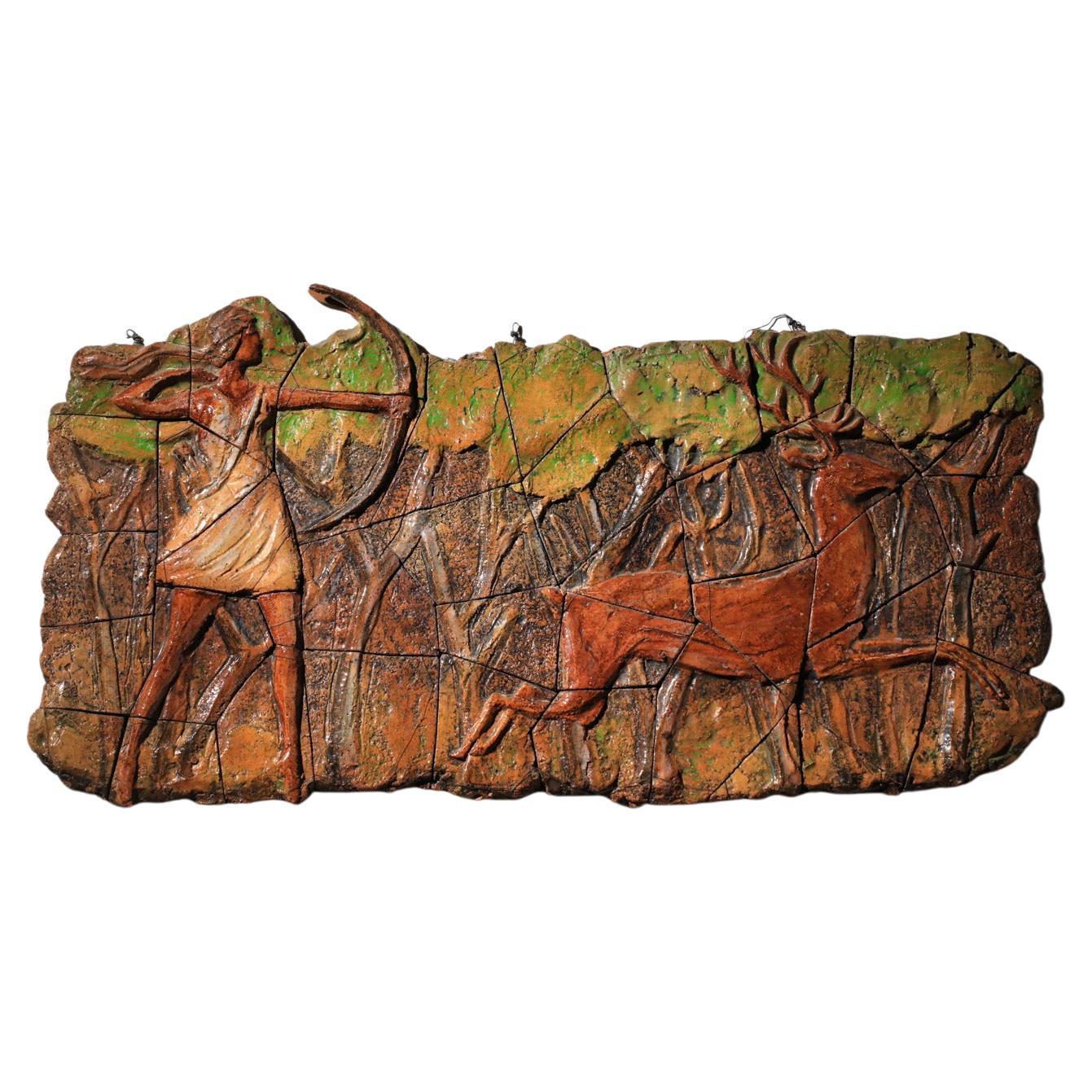 Terracotta / ceramic bas-relief fresco from the 40's with deer hunting decor