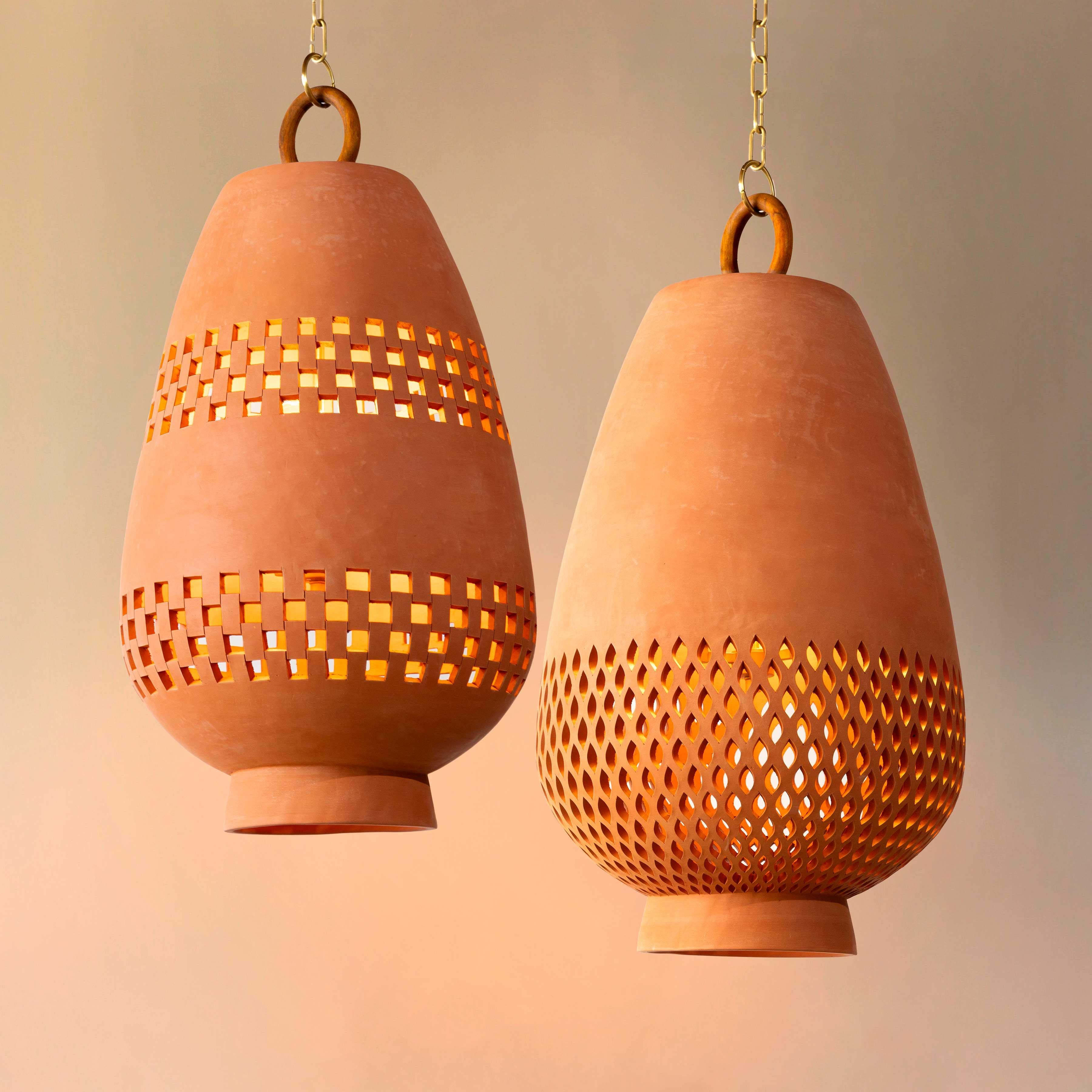 Mexican Terracotta Ceramic Pendant Light XL, Aged Brass, Ajedrez Atzompa Collection For Sale