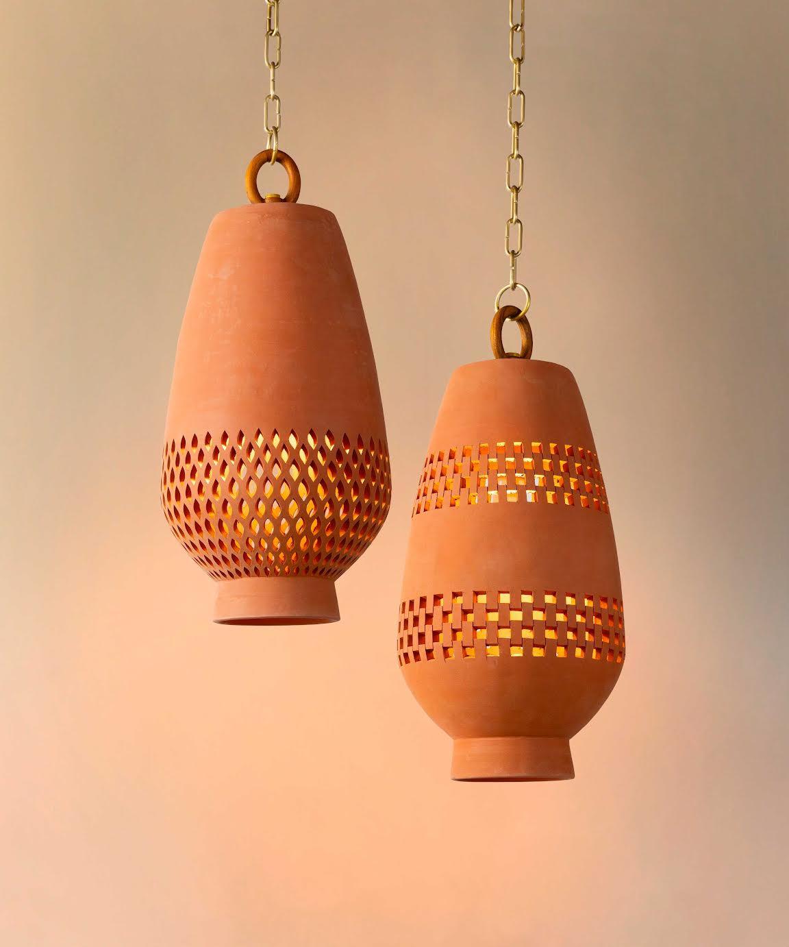 Mexican Terracotta Ceramic Pendant Light XL, Aged Brass, Diamantes Atzompa Collection For Sale