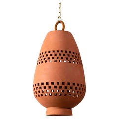 Terrakotta-Keramik-Pendelleuchte XL, gebürstetes Messing, Ajedrez Atzompa Kollektion