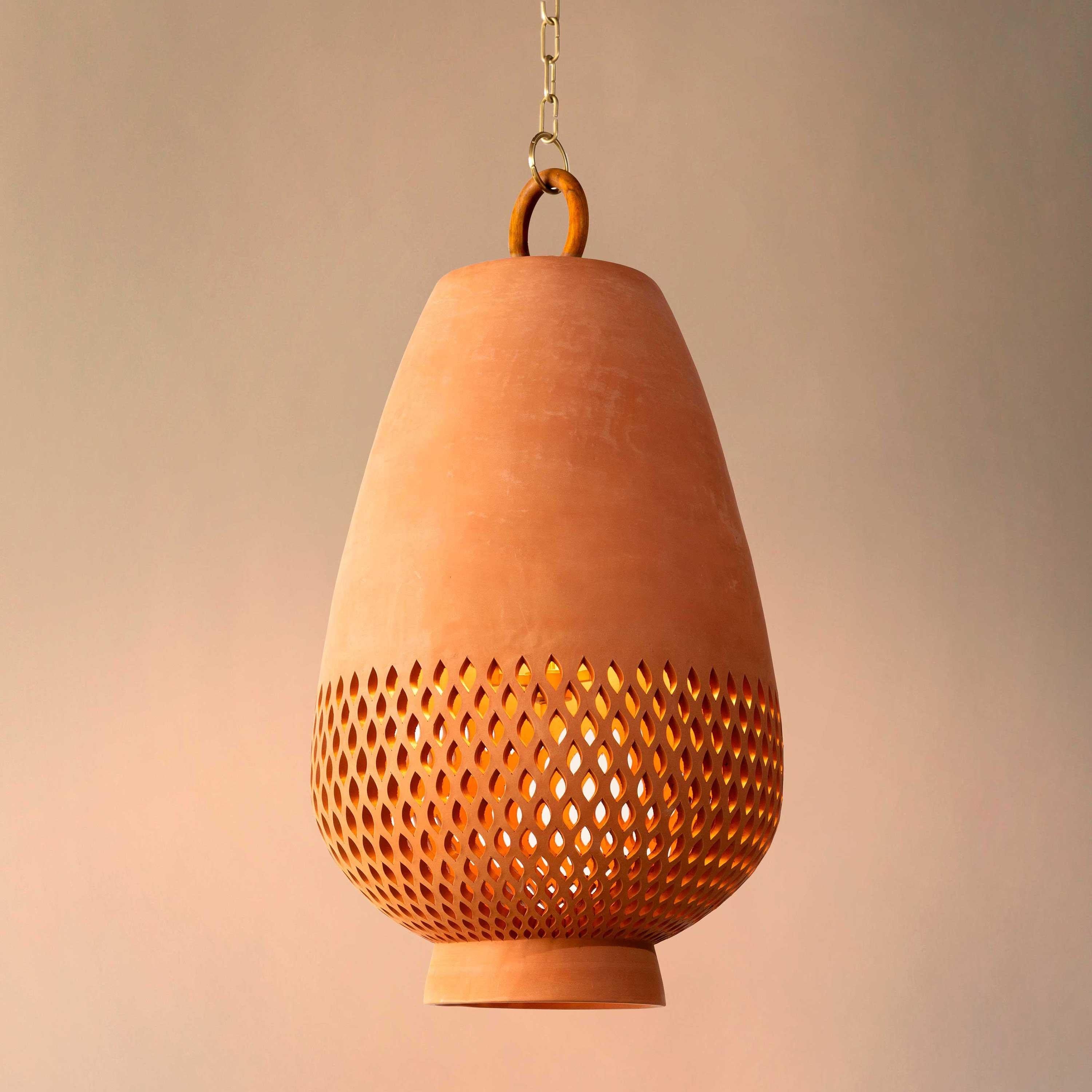 Mid-Century Modern Terracotta Ceramic Pendant Light XL, Brushed Brass, Diamantes Atzompa Collection For Sale