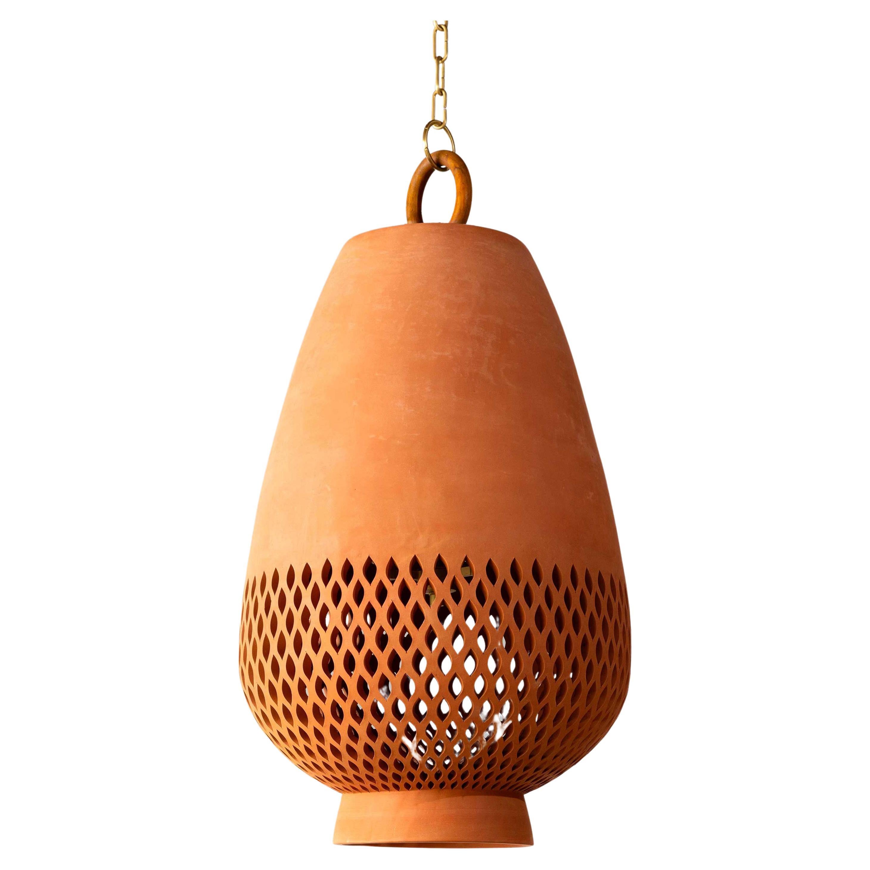 Terracotta Ceramic Pendant Light XL, Brushed Brass, Diamantes Atzompa Collection For Sale