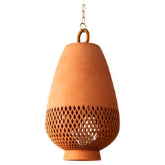 Terracotta Ceramic Pendant Light XL, Brushed Brass, Diamantes Atzompa Collection