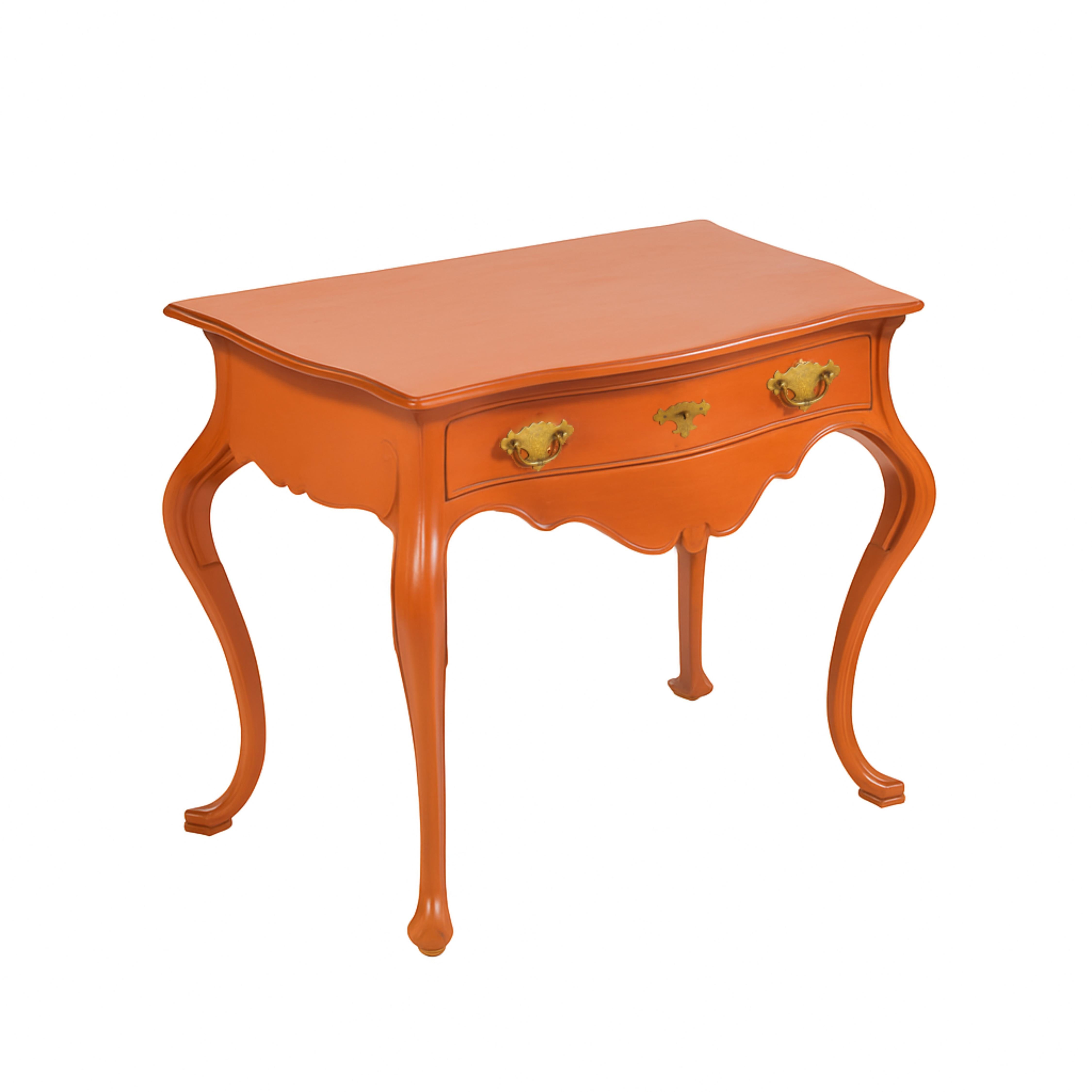 Elevate your space with this high-end portuguese Baroque-style wood table commode, now reimagined in sleek terracotta color  (#CA6641) refinished by expert artisans. Featuring a single drawer with a cut-out top that follows the elegant lines of the