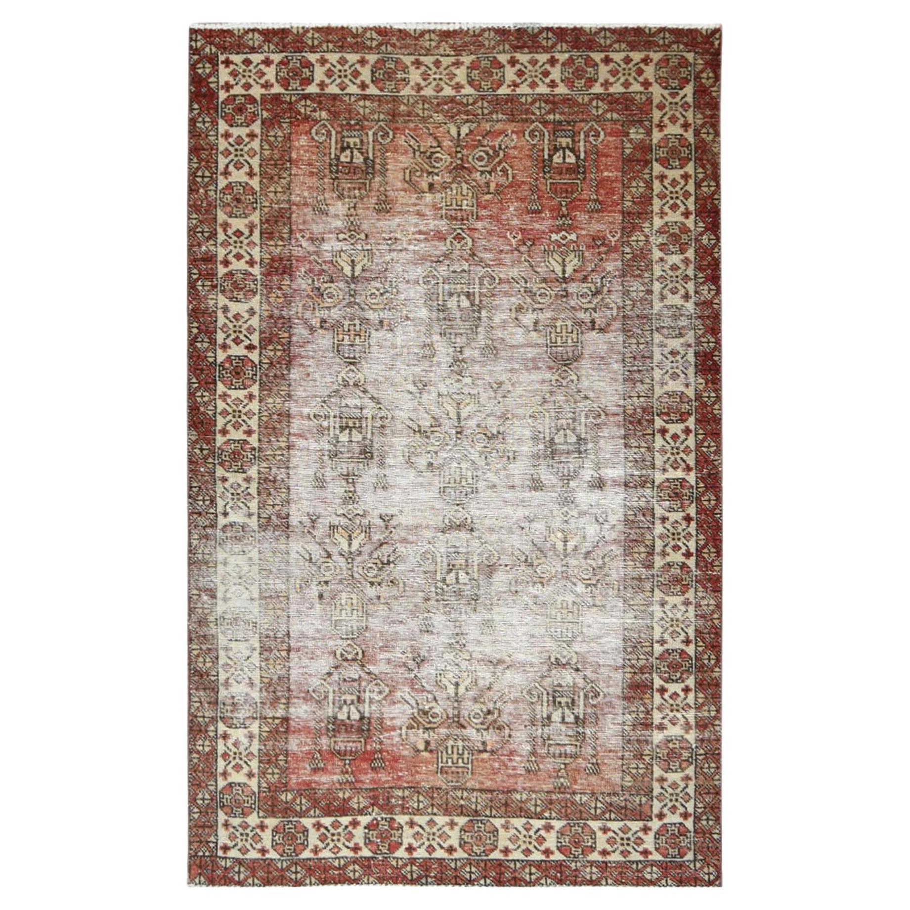 Terracotta Colors, Distressed Worn Wool Hand Knotted, Vintage Persian Shiraz Rug For Sale