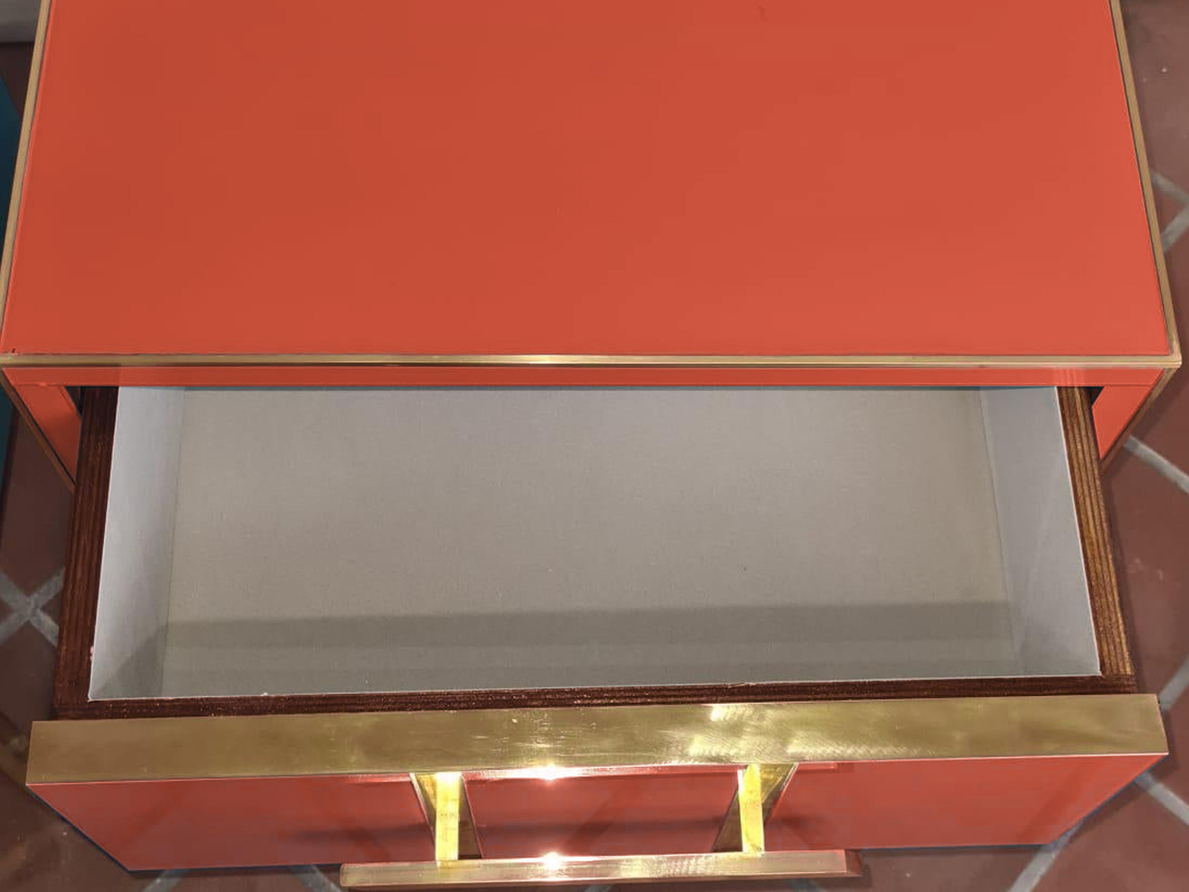 Mid-Century Modern Terracotta Coloured Murano glass Bedside Tables with Brass and Velvet Interior For Sale