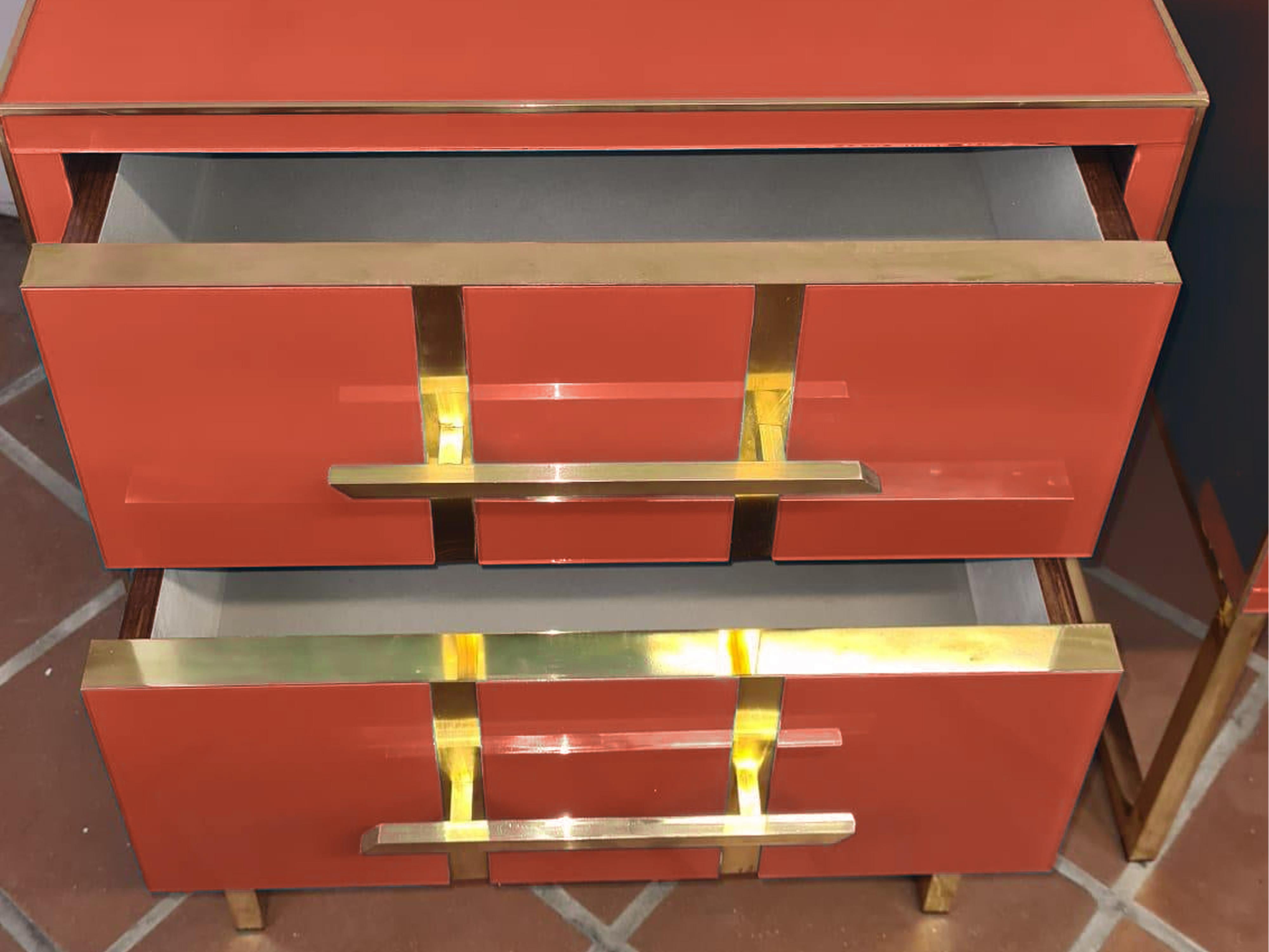 Italian Terracotta Coloured Murano glass Bedside Tables with Brass and Velvet Interior For Sale