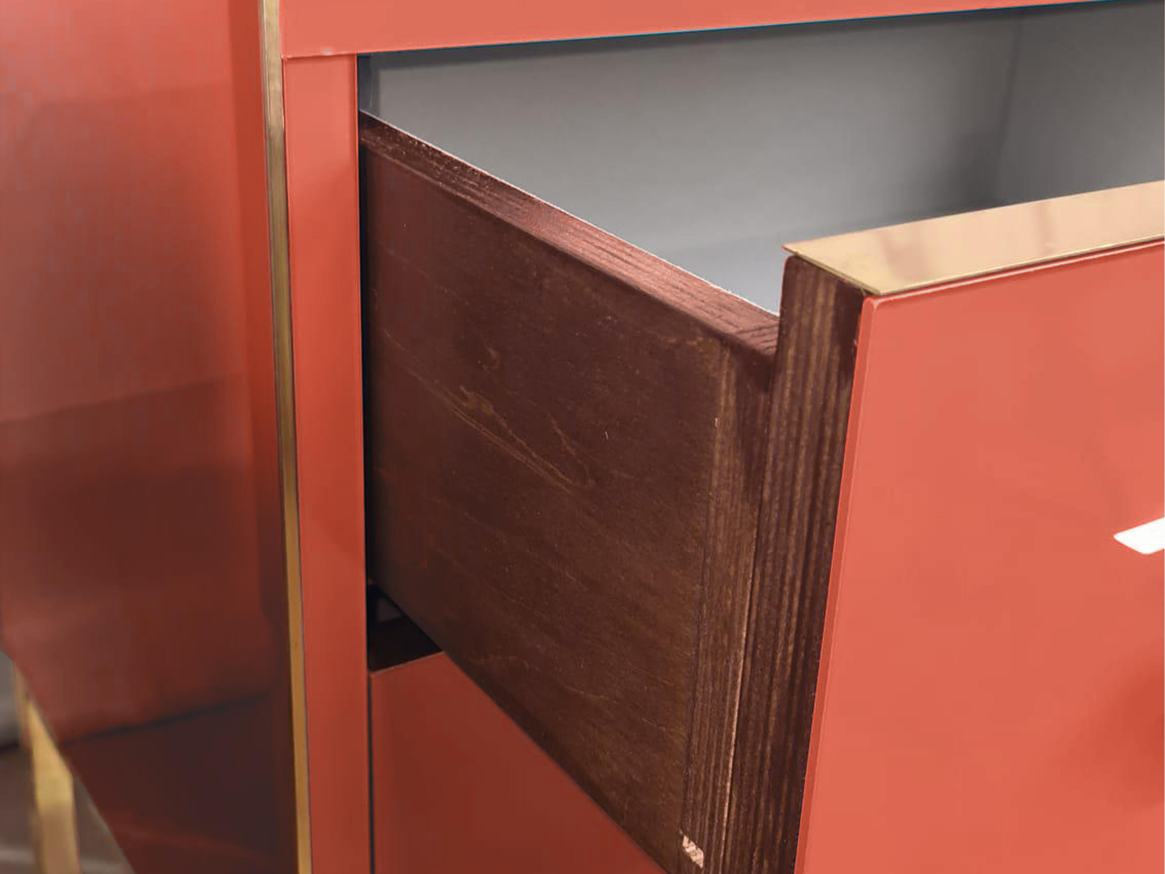 Hand-Carved Terracotta Coloured Murano glass Bedside Tables with Brass and Velvet Interior For Sale
