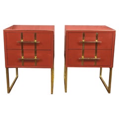 Terracotta Coloured Murano glass Bedside Tables with Brass and Velvet Interior