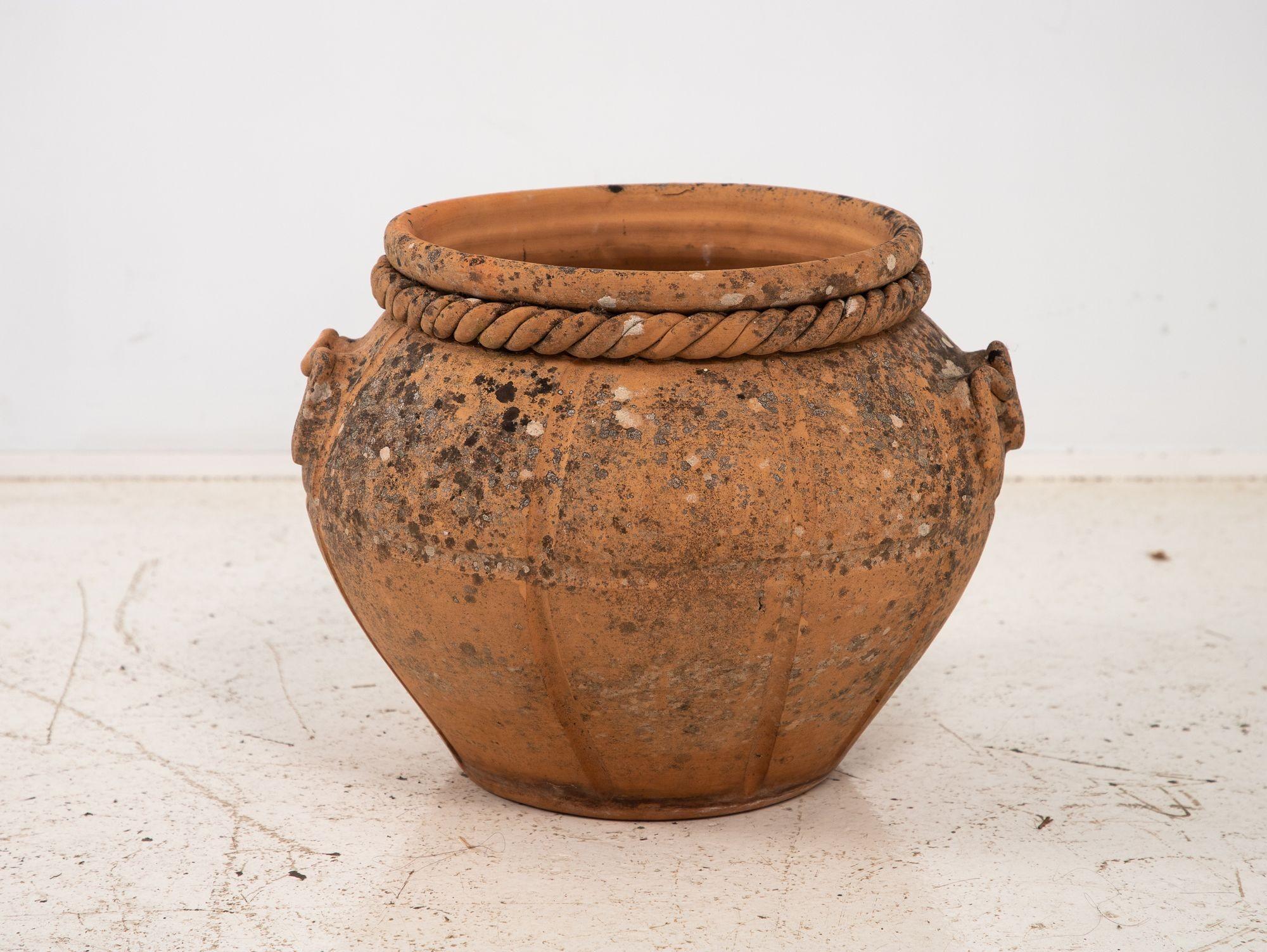 Dieser englische Compton-Topf aus Terrakotta aus der Mitte des 20. Jahrhunderts ist ein schönes Beispiel für traditionelle Handwerkskunst. Die geschwungenen Griffe, die sich nahtlos in den Korpus einfügen, zeugen von der Kunstfertigkeit und der